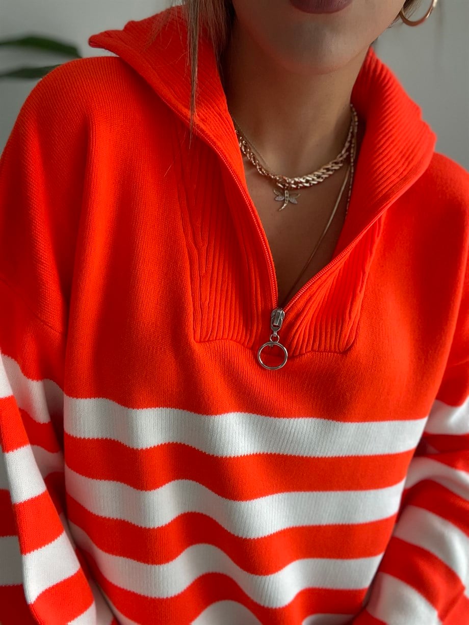 Fermuarlı Çizgili Neon Oranj-Ekru Triko Kazak