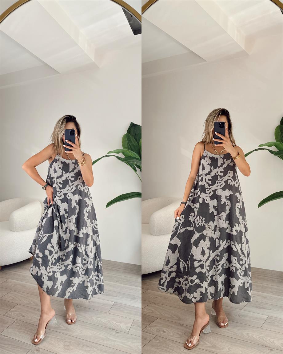 Füme Desenli Askılı Elbise