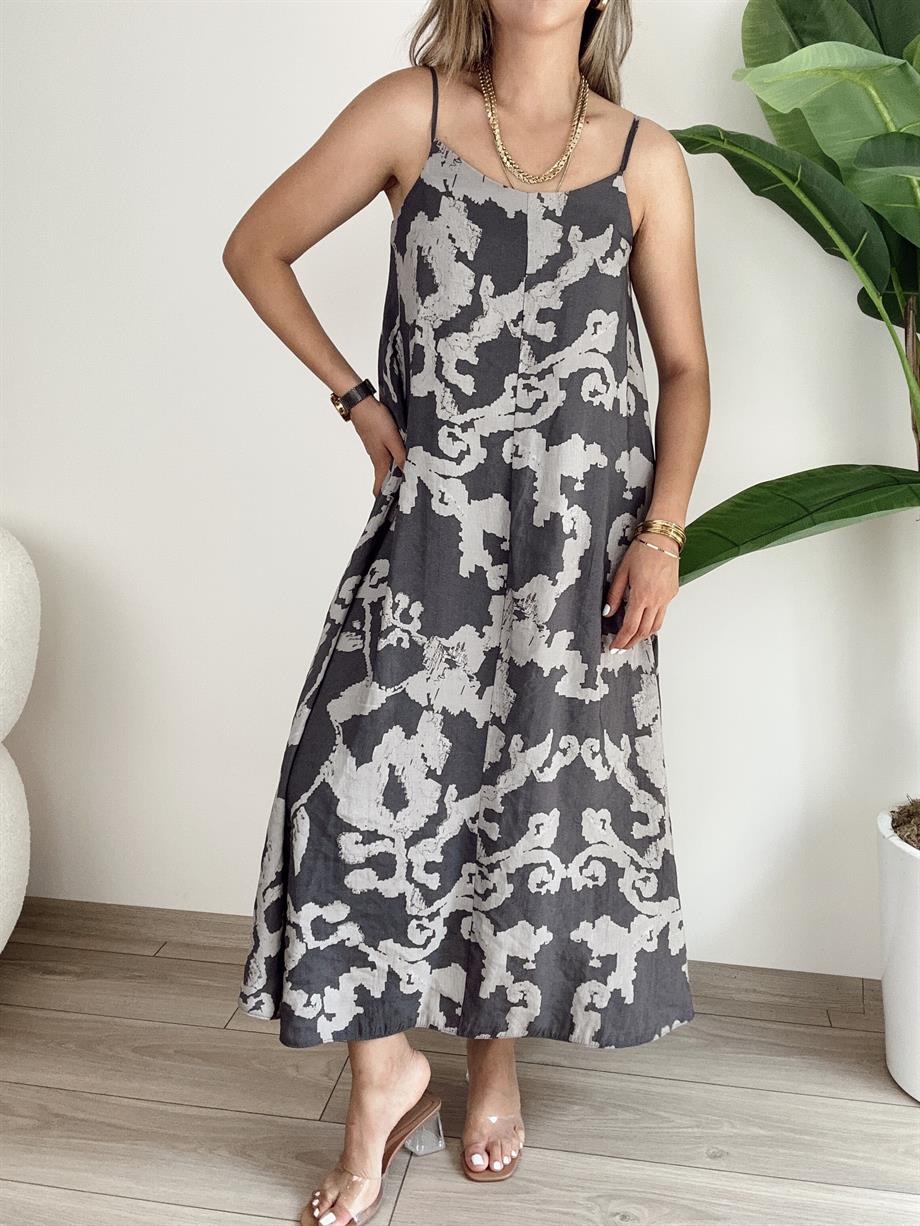 Füme Desenli Askılı Elbise