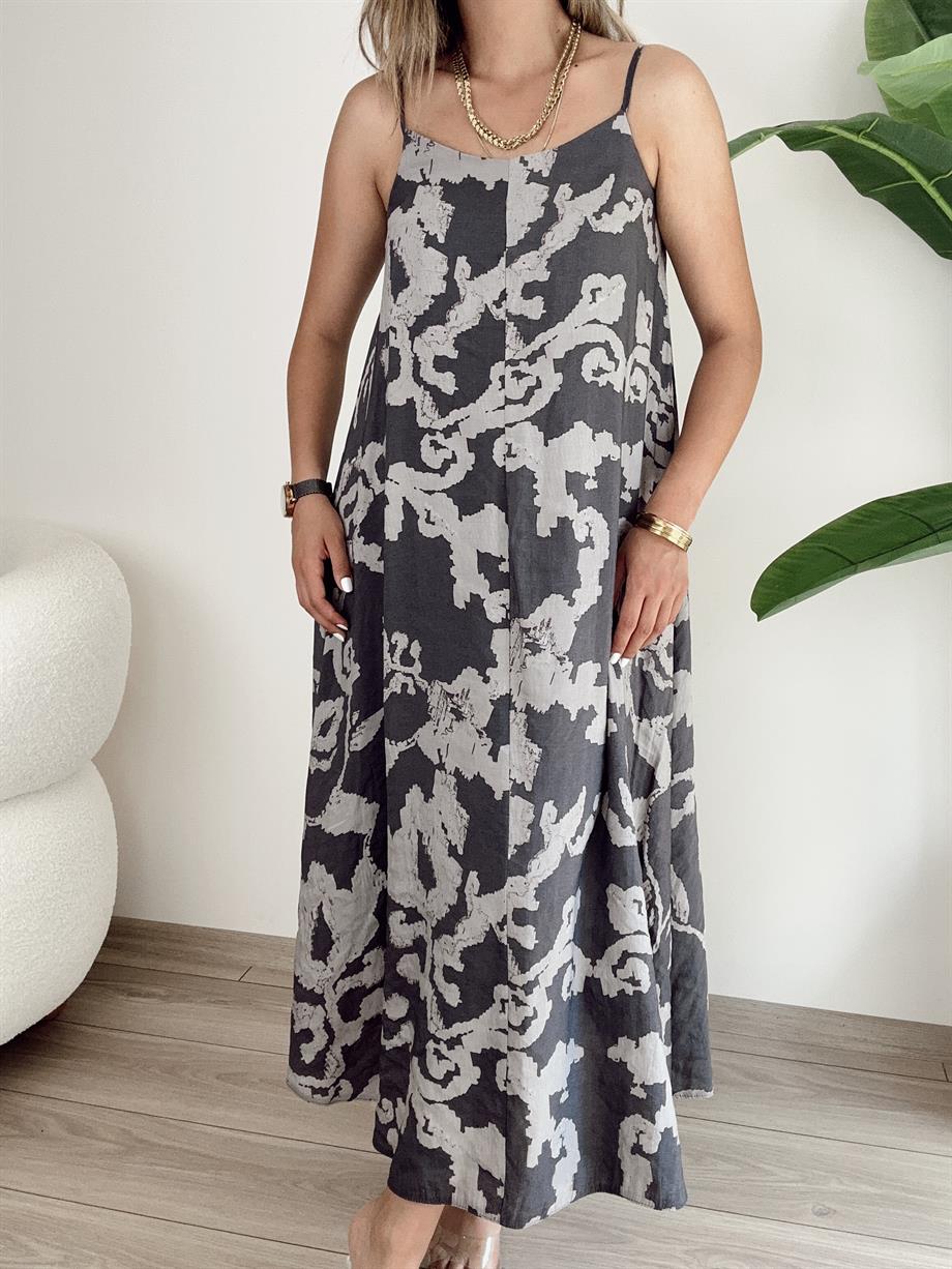 Füme Desenli Askılı Elbise