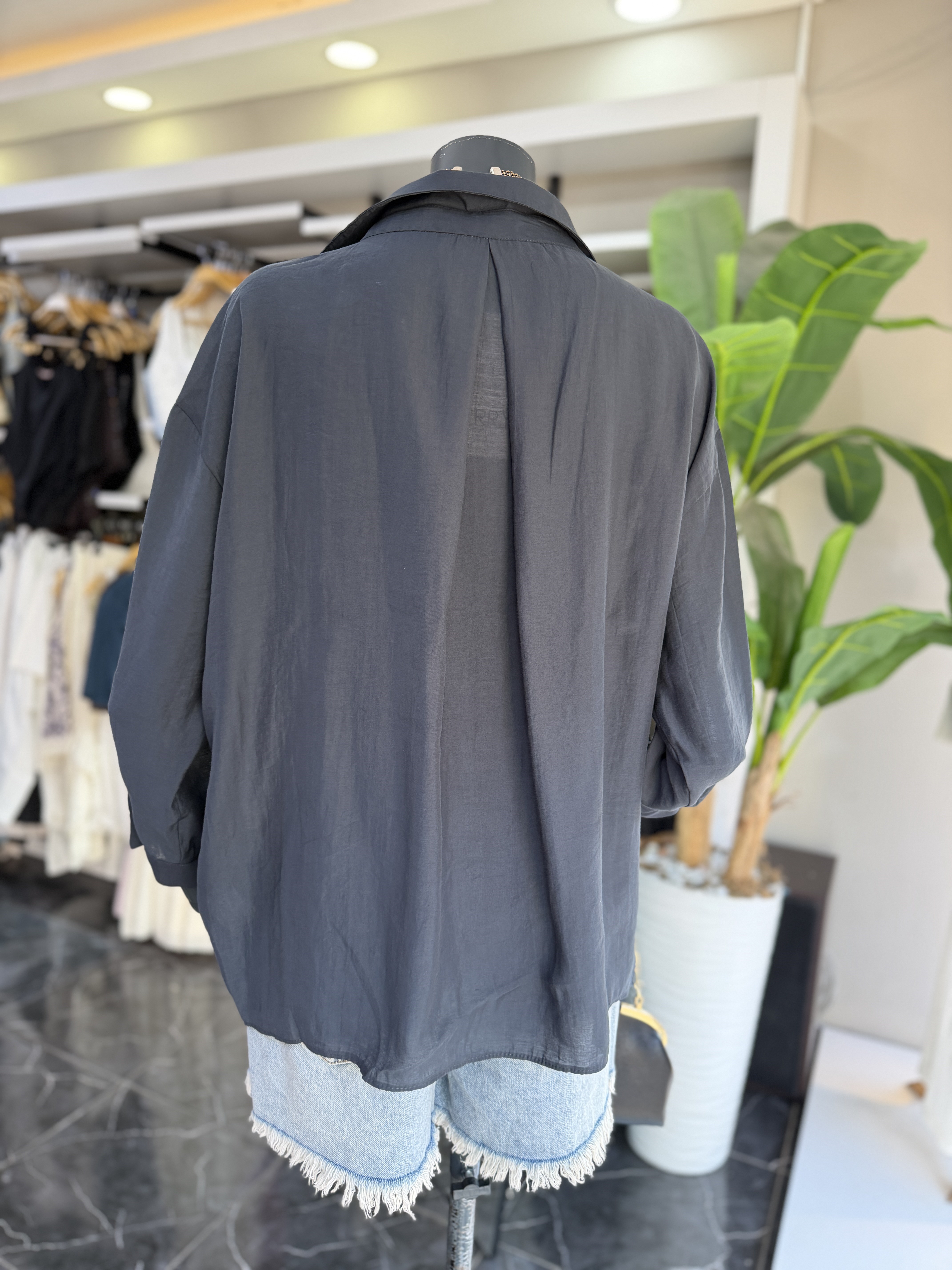 Füme Düşük Omuz Oversize Gömlek