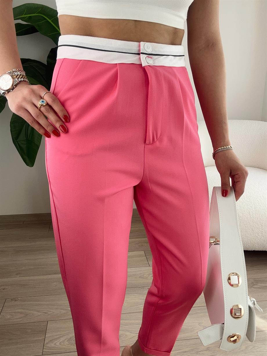 Fuşya Beli Kemer Detaylı Pantolon