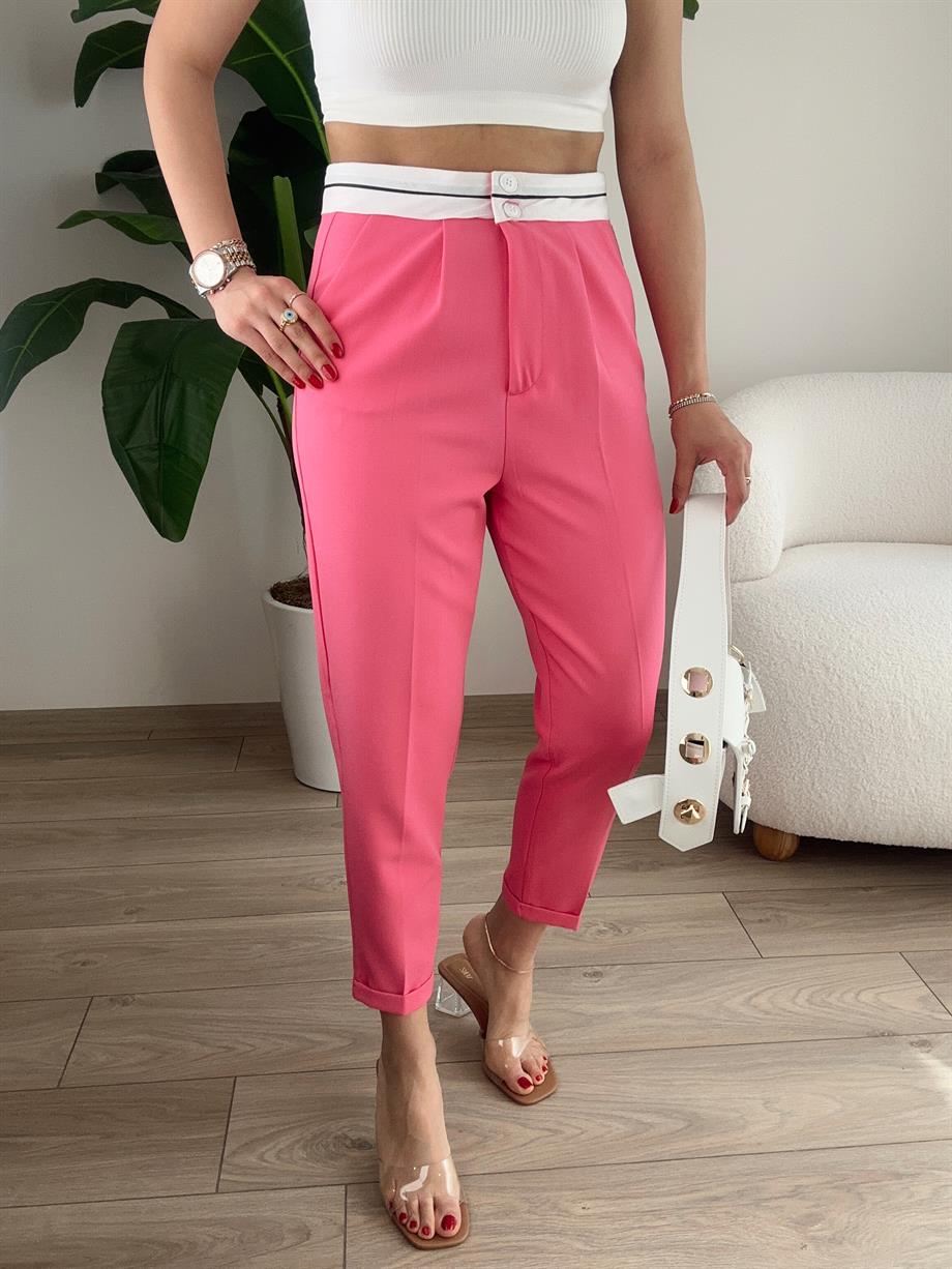 Fuşya Beli Kemer Detaylı Pantolon
