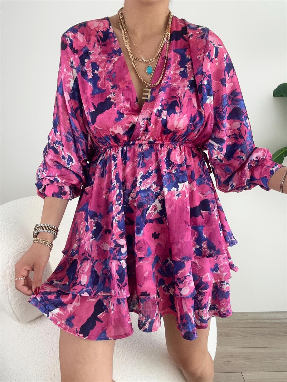 Fuşya Desenli Etekleri Volanlı Elbise