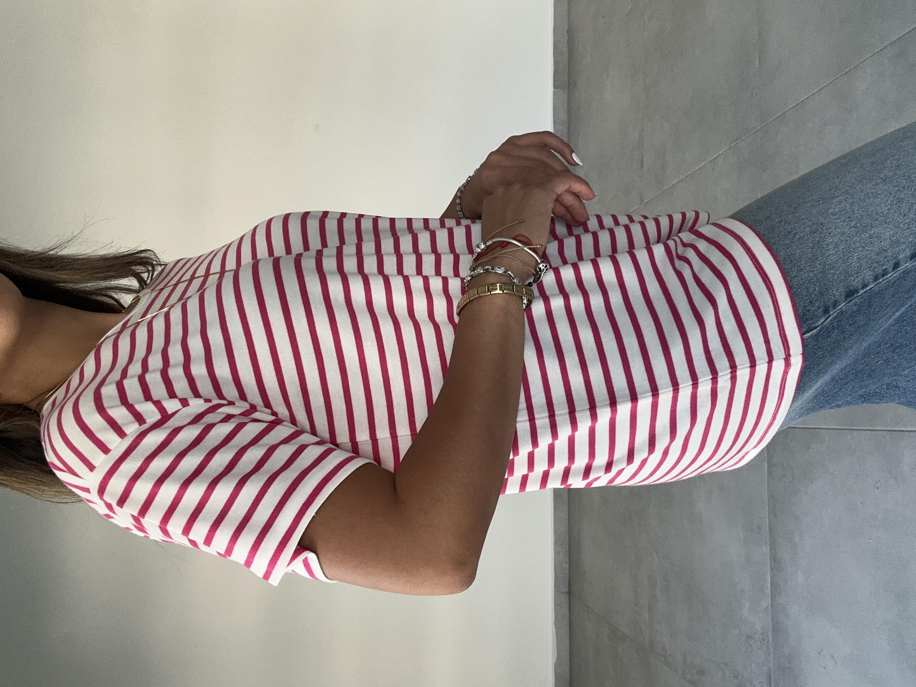 Fuşya-Ekru Çizgili Tişört