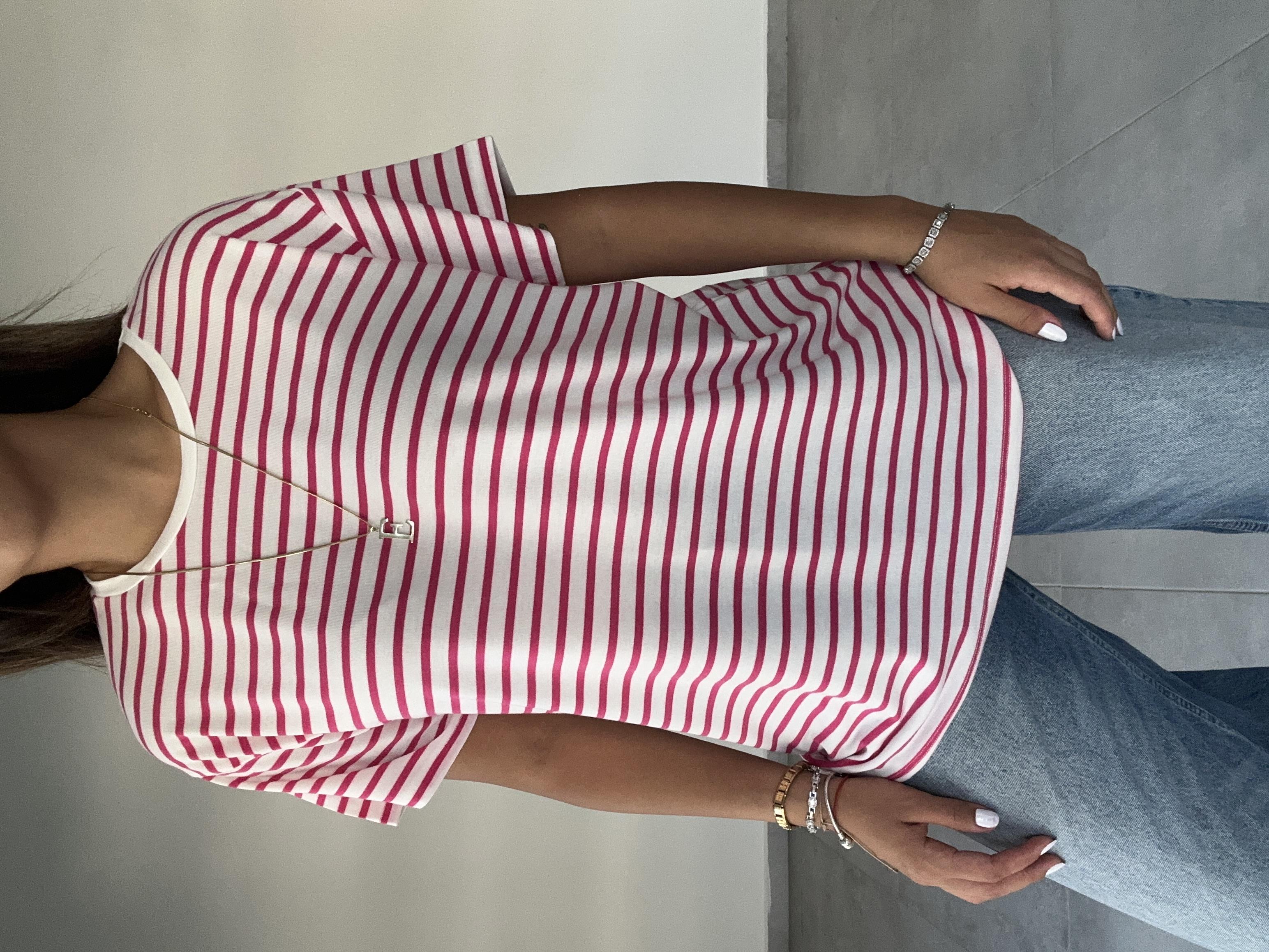 Fuşya-Ekru Çizgili Tişört