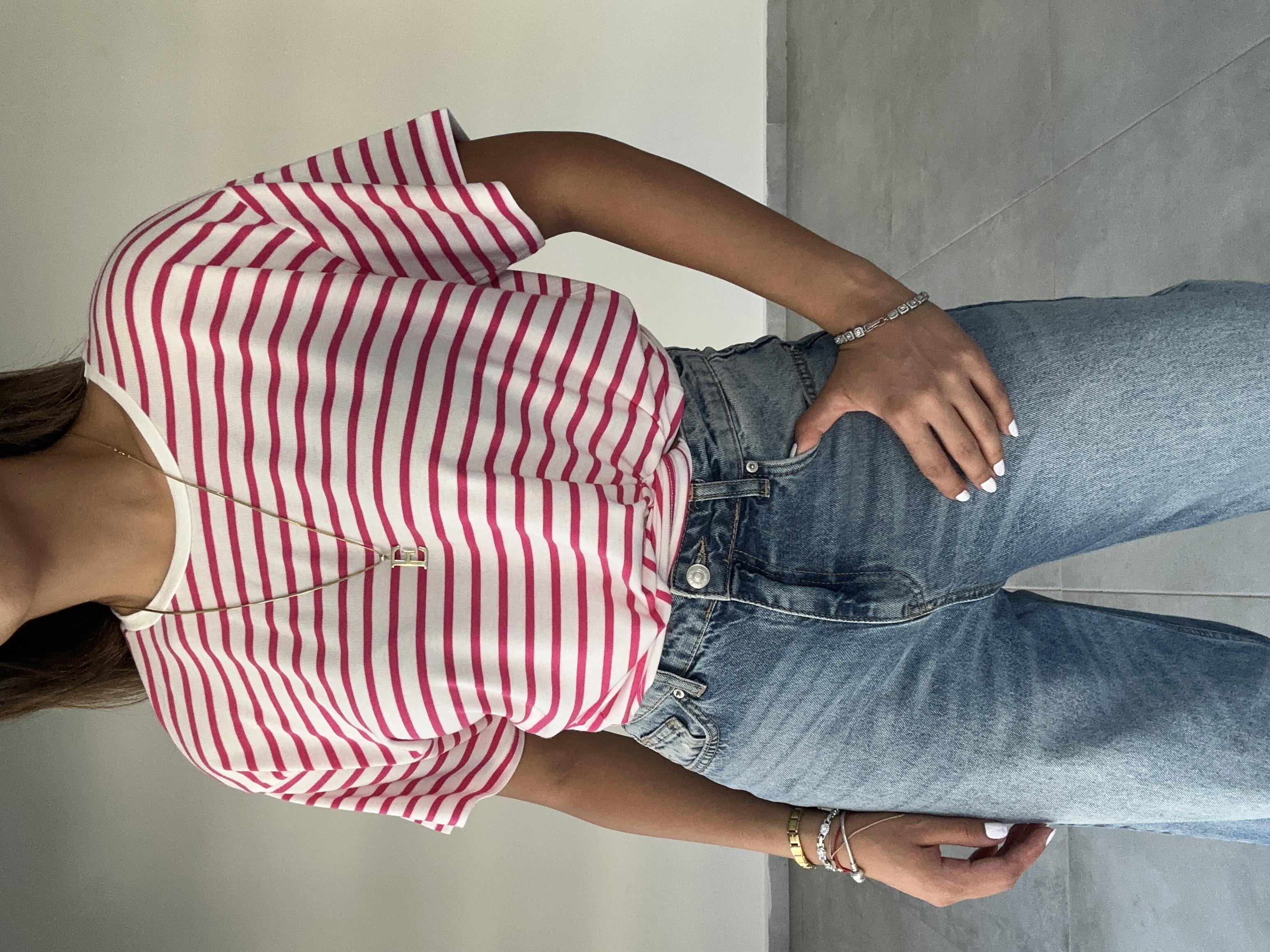 Fuşya-Ekru Çizgili Tişört