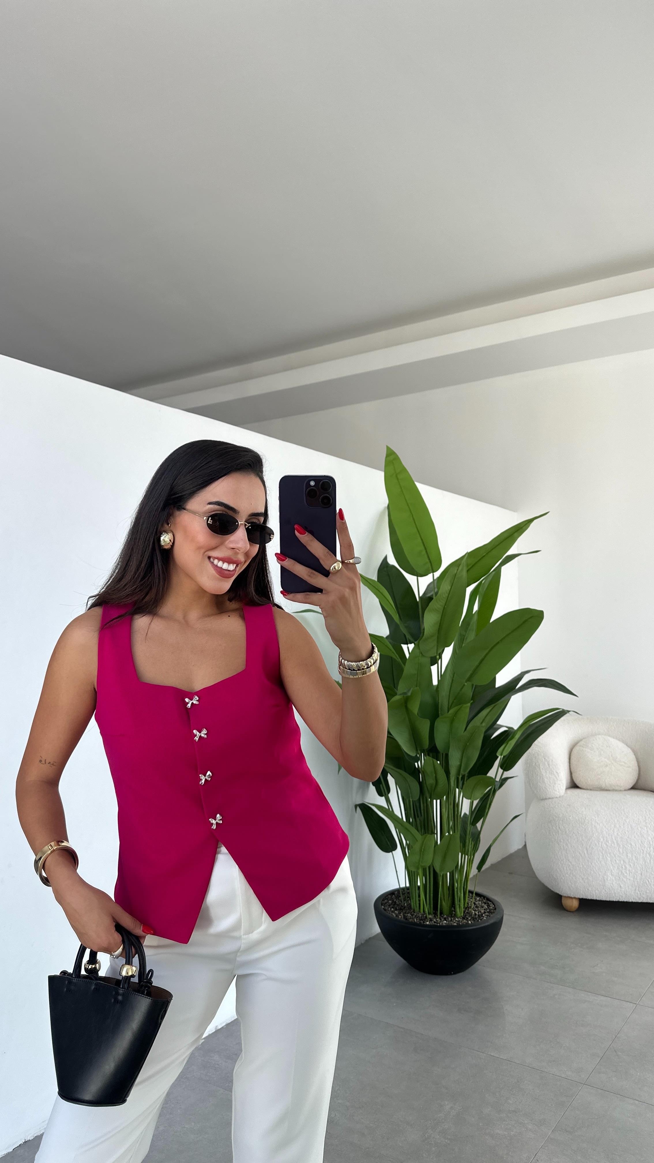 Fuşya Kare Yaka Astarlı Yelek