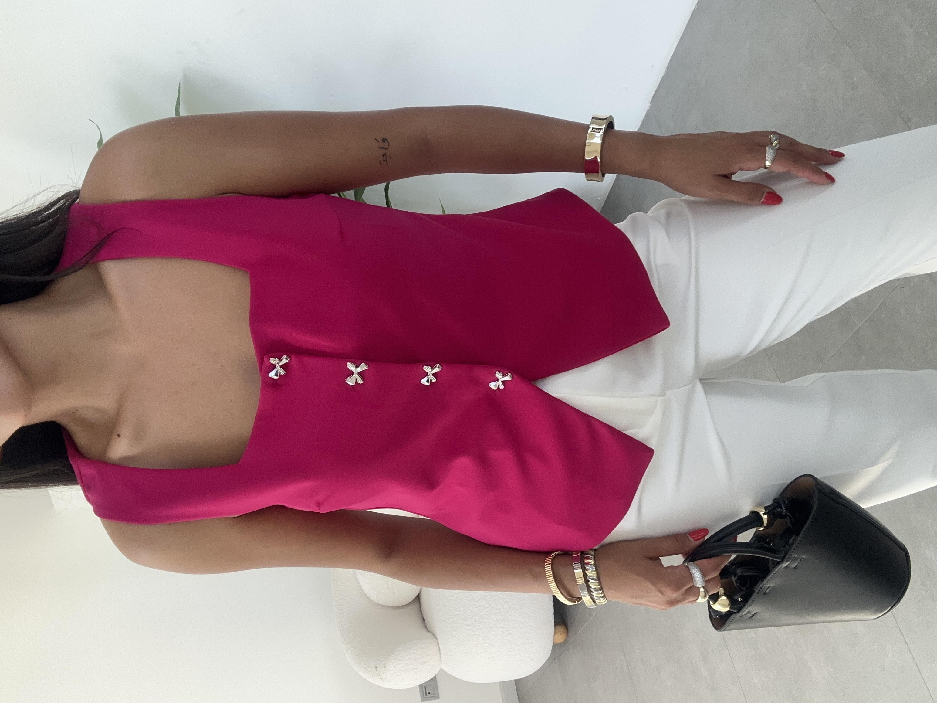 Fuşya Kare Yaka Astarlı Yelek