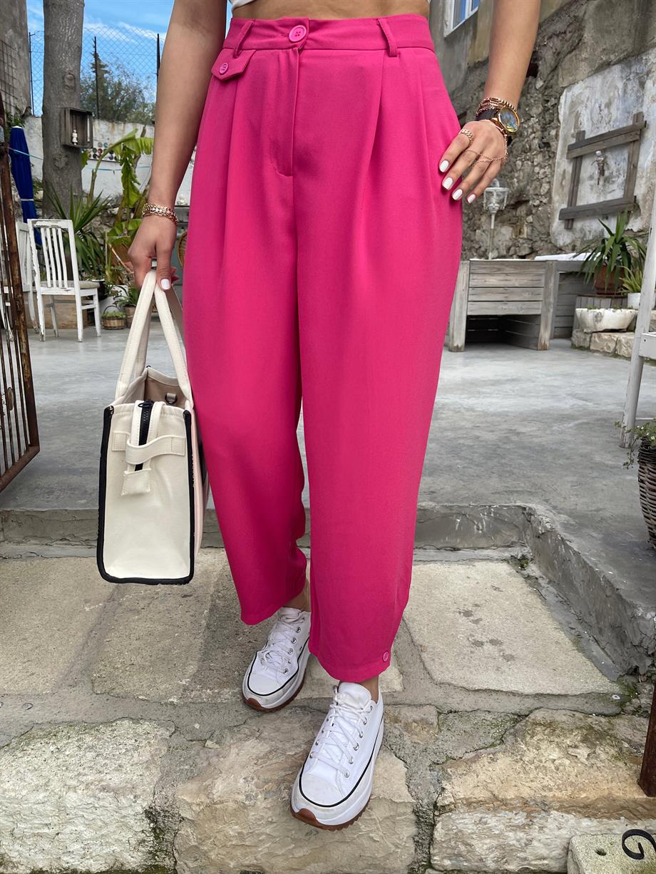 Fuşya Paçaları Düğme Detaylı Pantolon