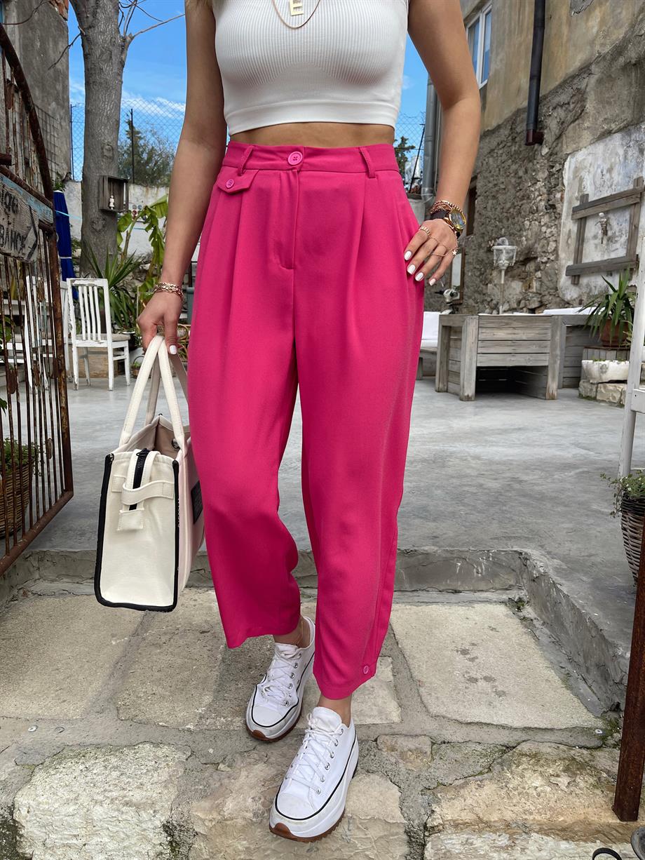 Fuşya Paçaları Düğme Detaylı Pantolon