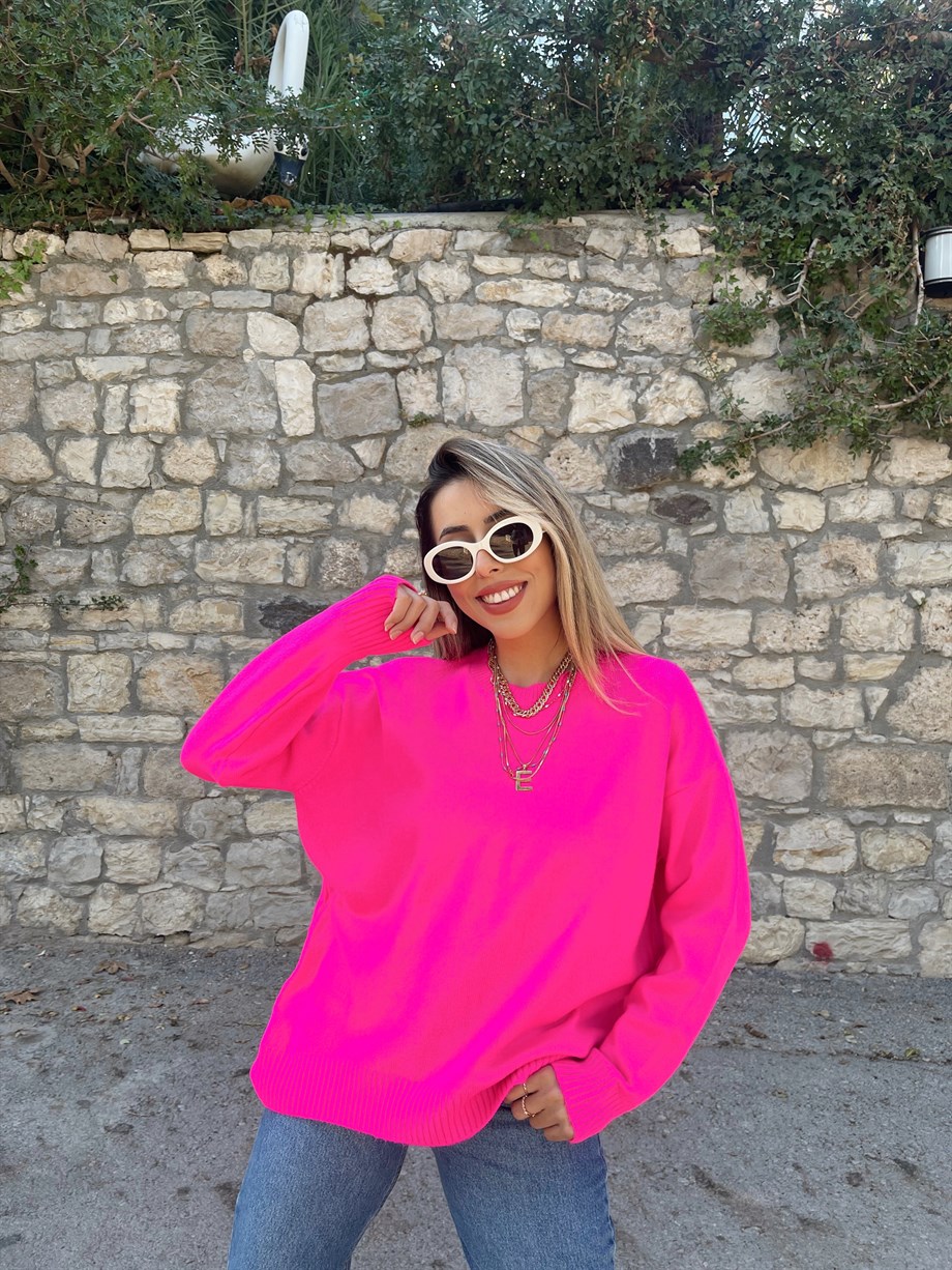 Fuşya Salaş Triko Kazak