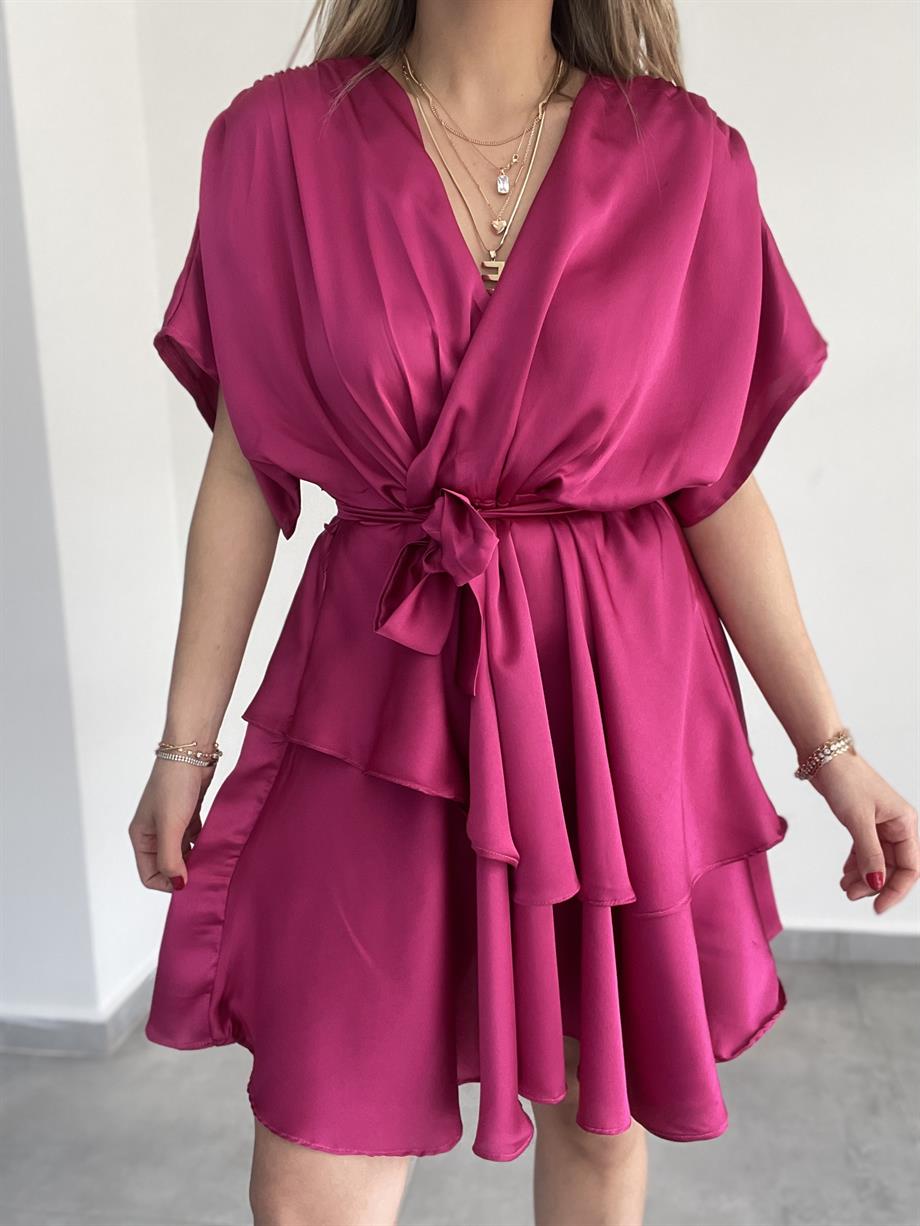 Fuşya Saten Fırfırlı Elbise