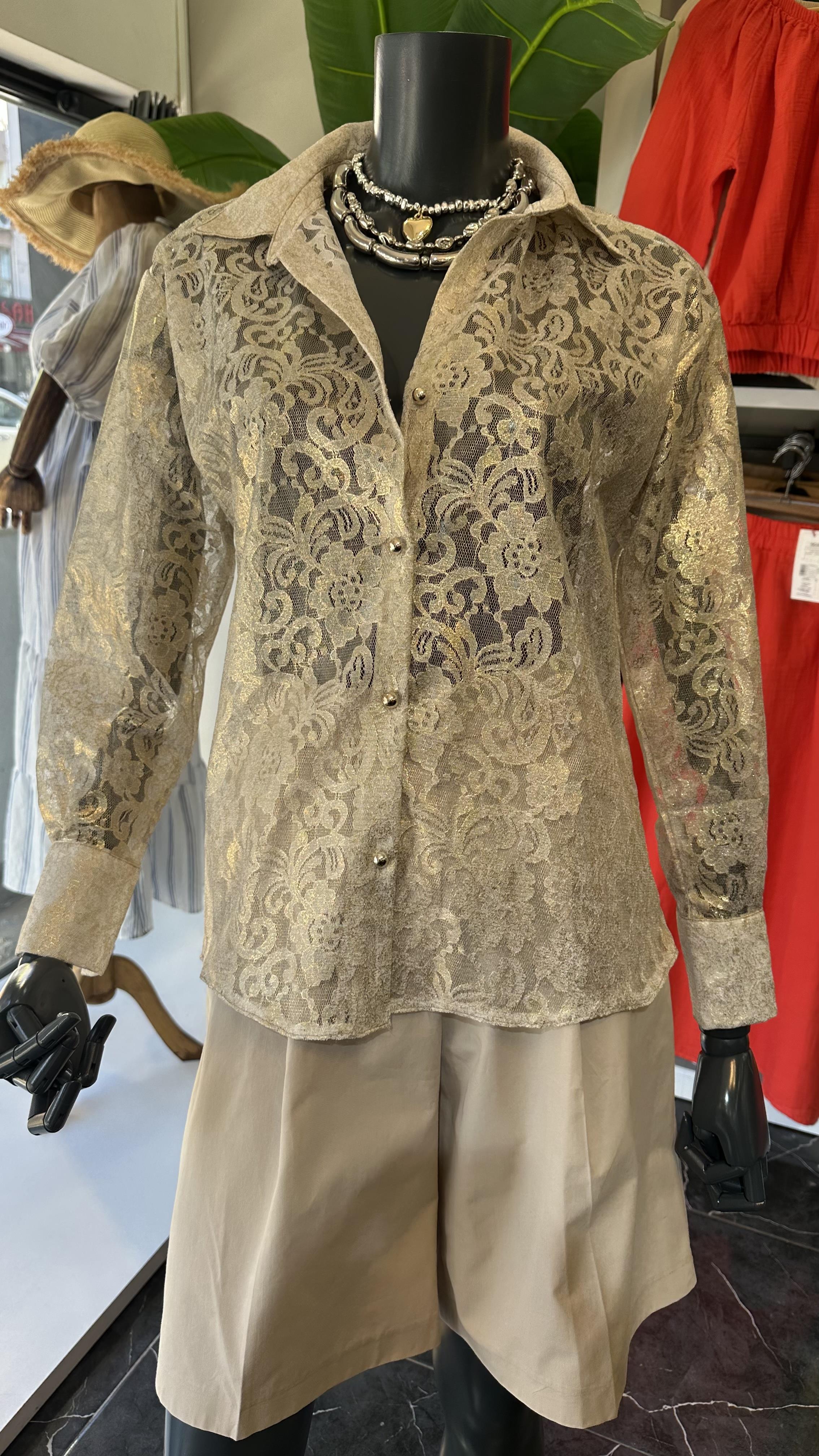 Gold Simli Güpürlü Gömlek