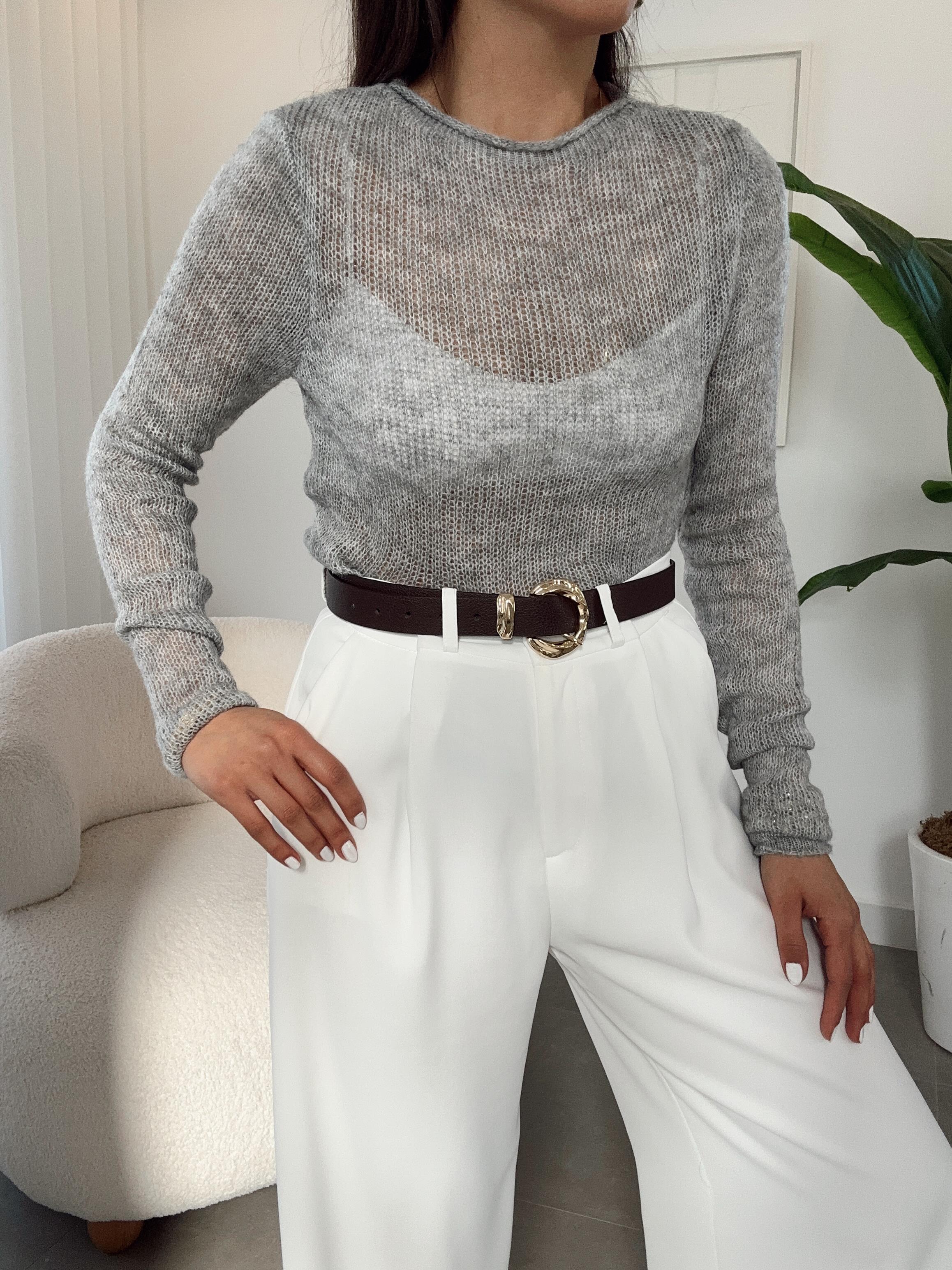 Gri Ajurlu Triko Kazak