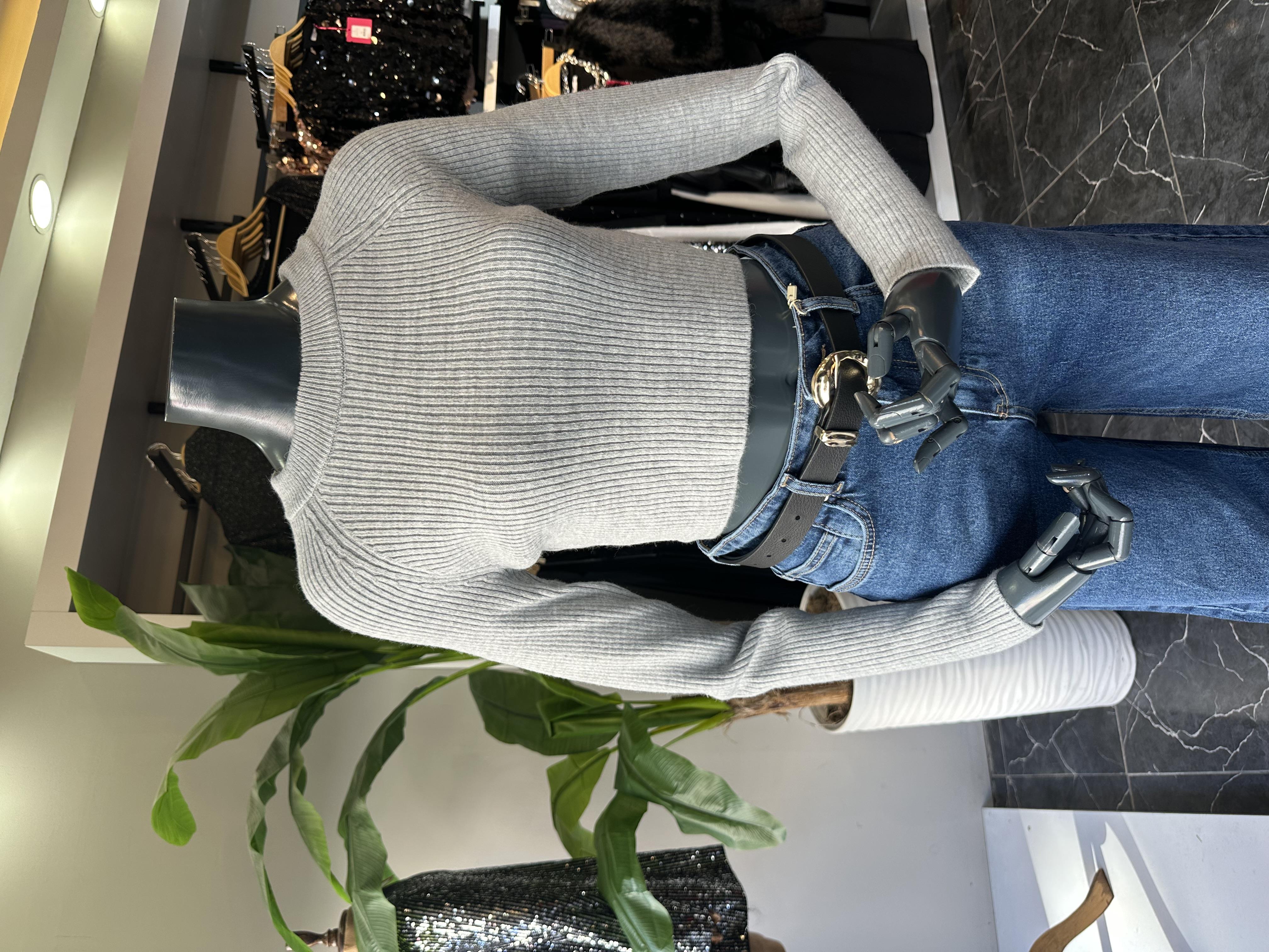 Gri Basic Crop Triko Kazak