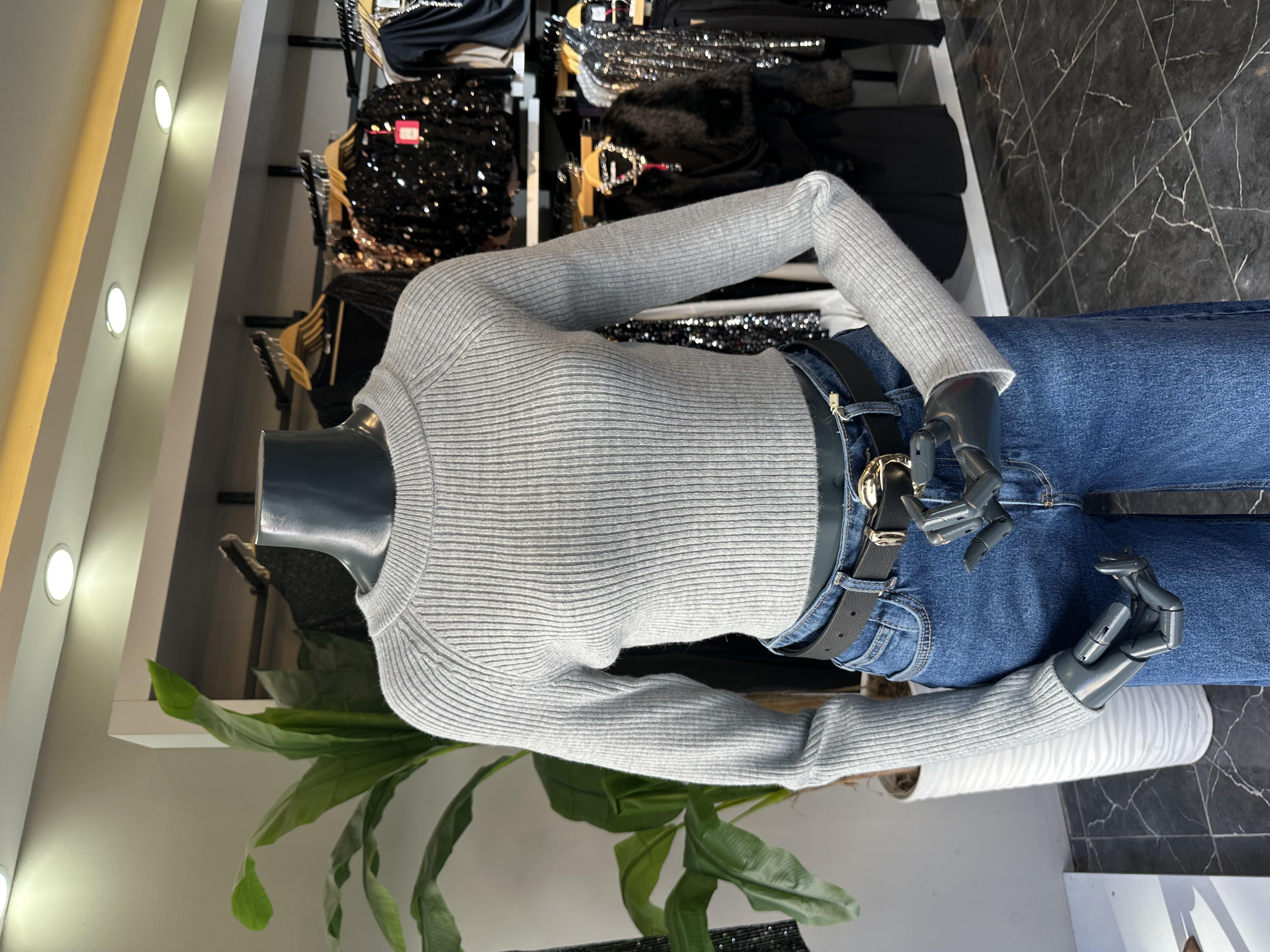 Gri Basic Crop Triko Kazak