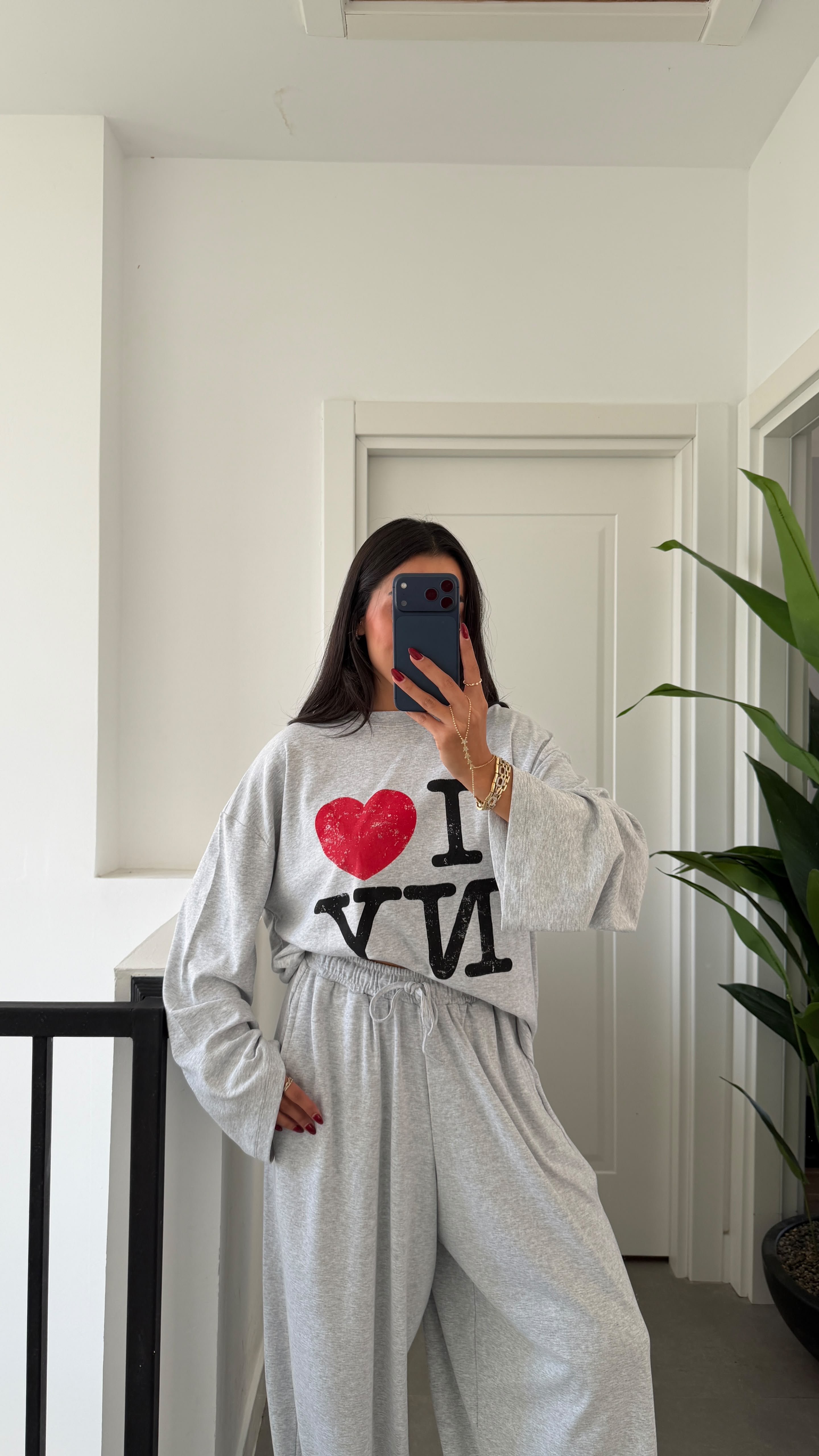 Gri Baskılı Uzun Kollu Basic Tshirt