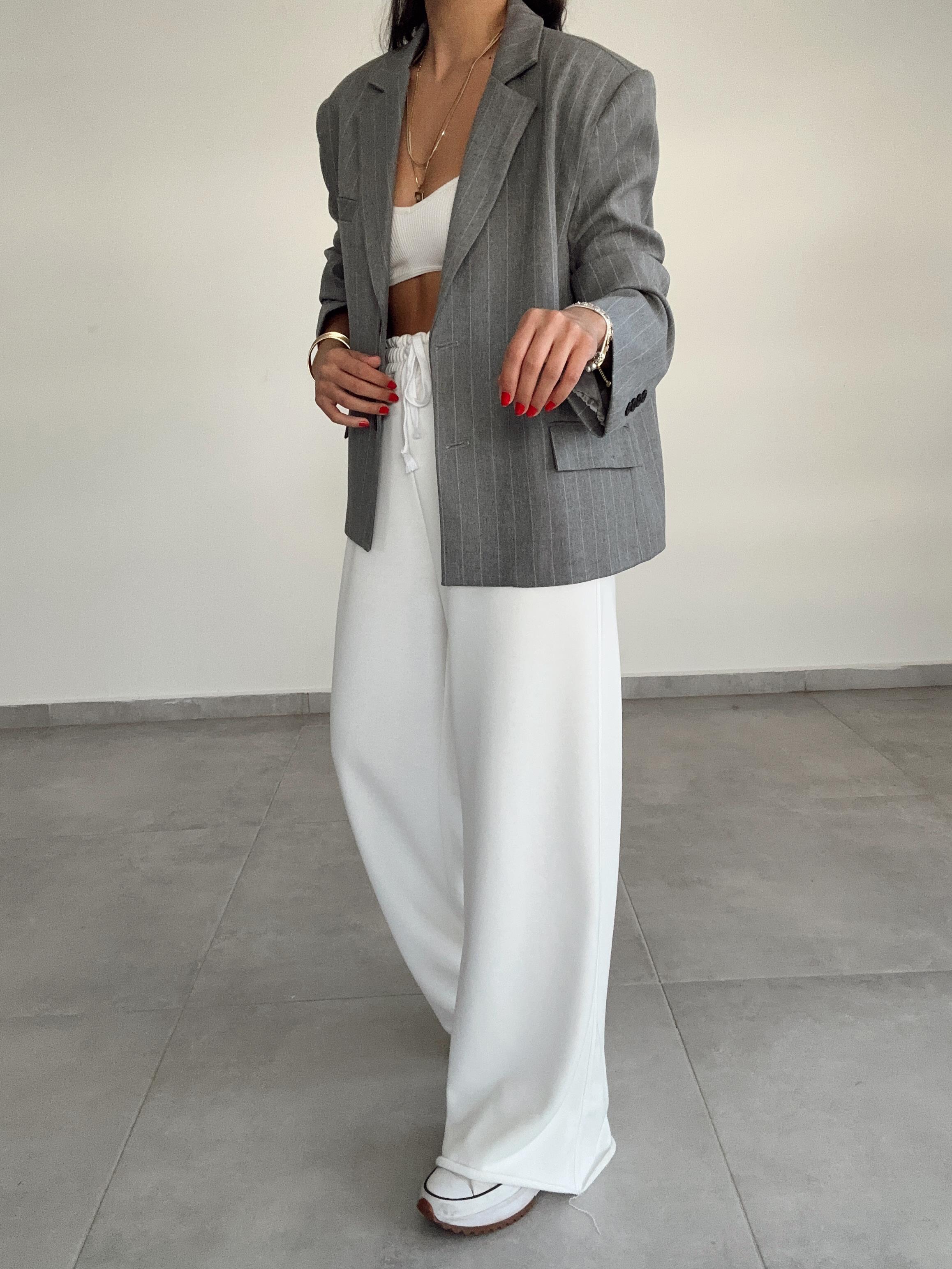 Gri Çizgili Oversize Poliviskon Blazer Ceket