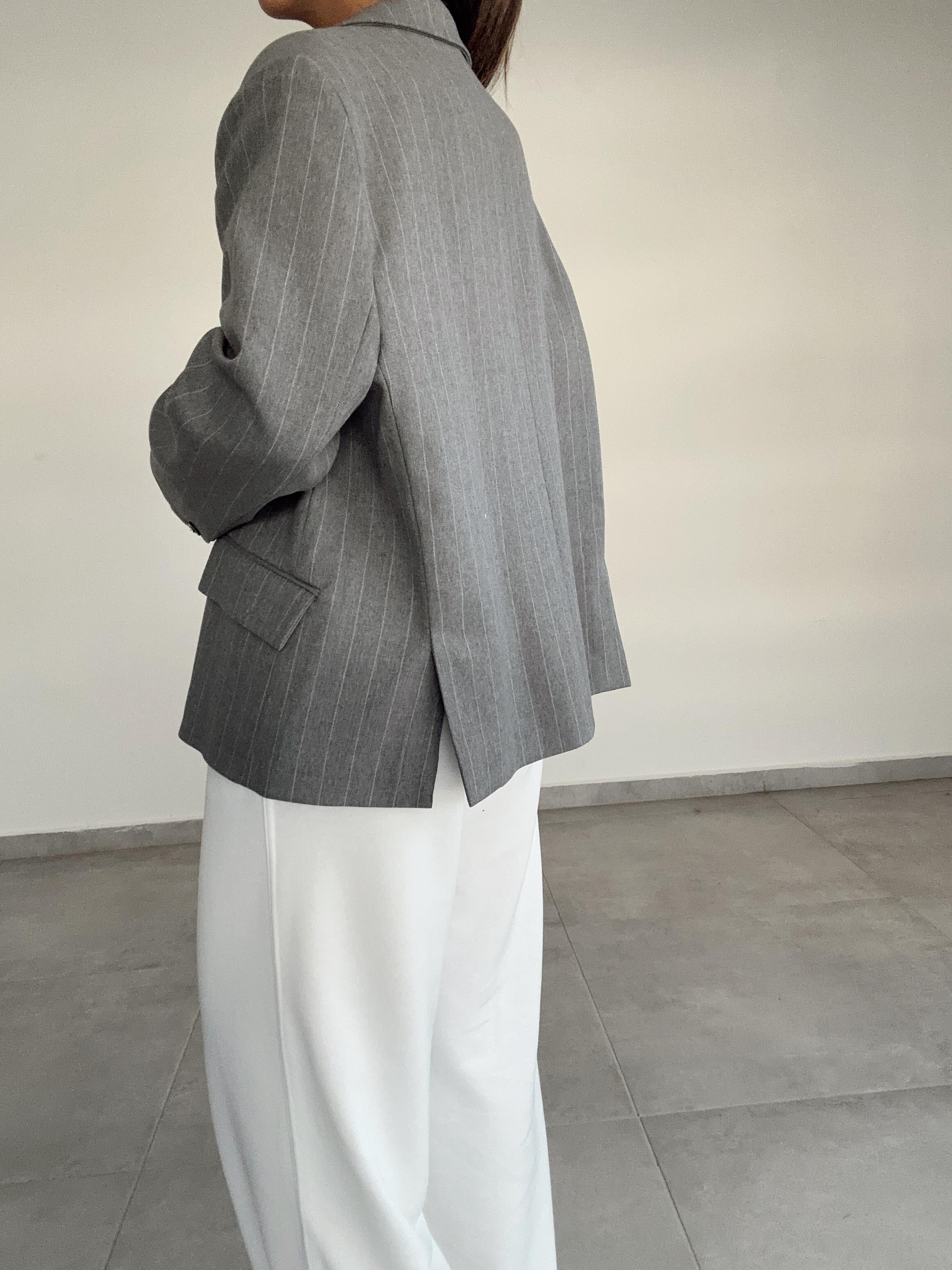 Gri Çizgili Oversize Poliviskon Blazer Ceket