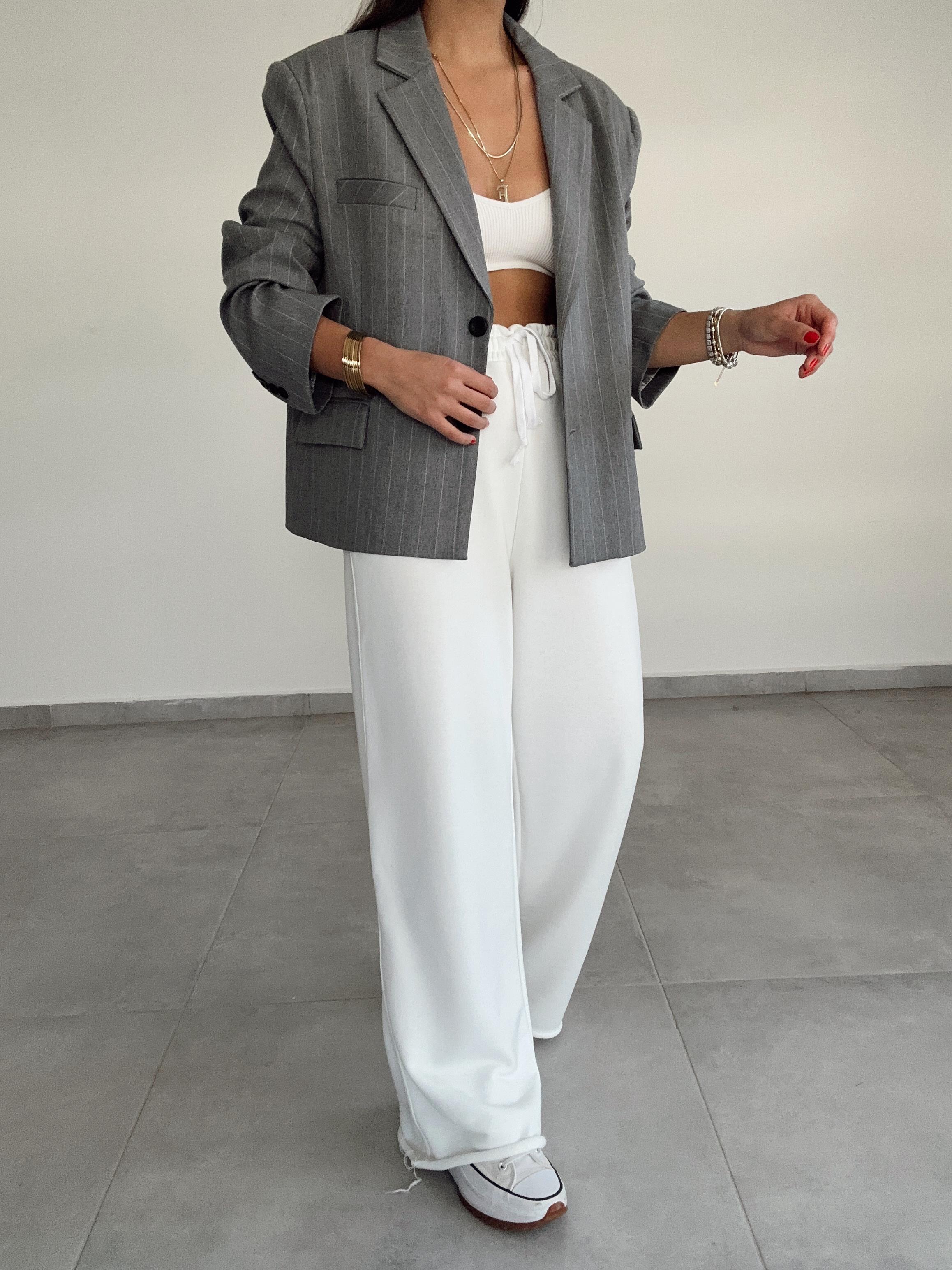 Gri Çizgili Oversize Poliviskon Blazer Ceket