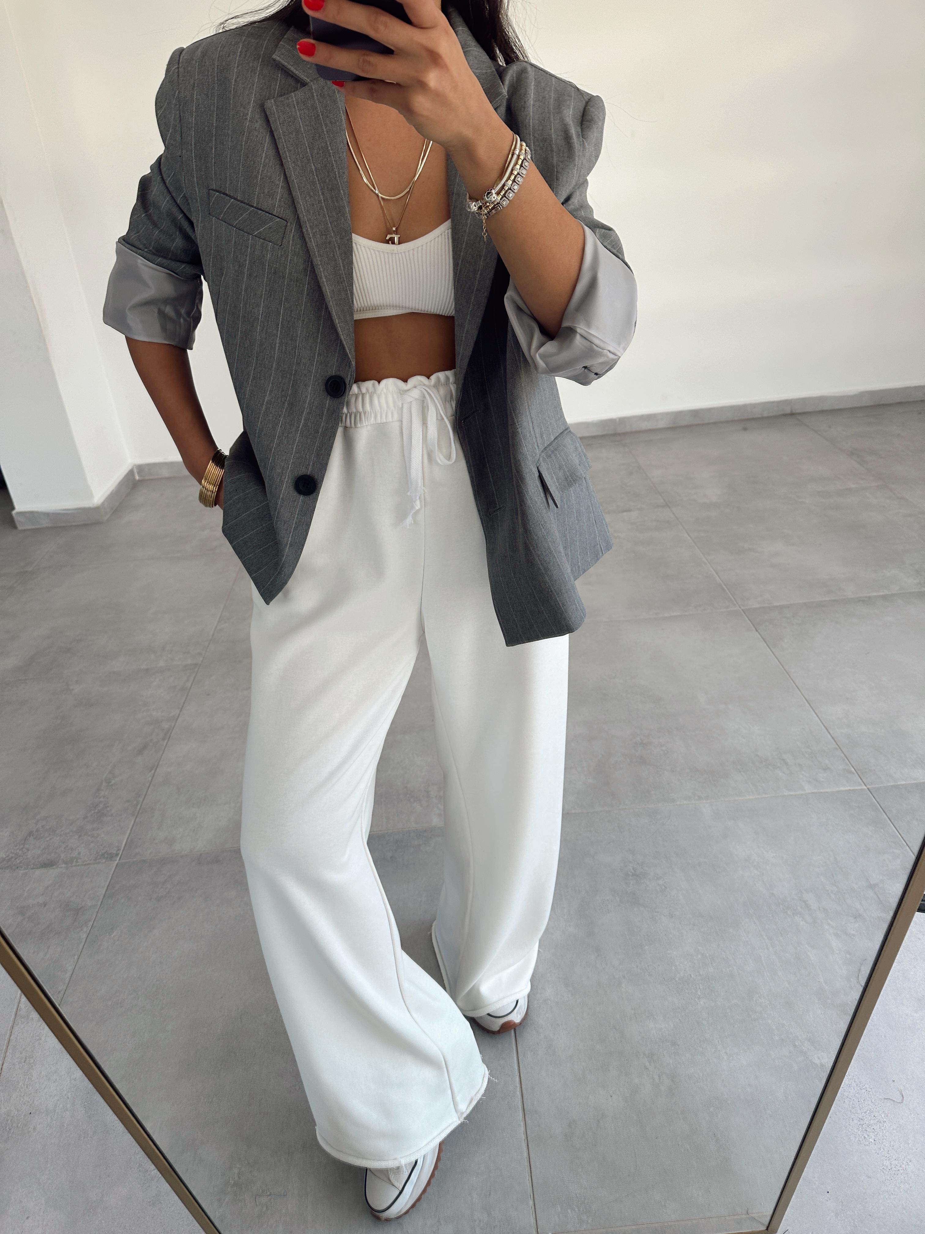 Gri Çizgili Oversize Poliviskon Blazer Ceket