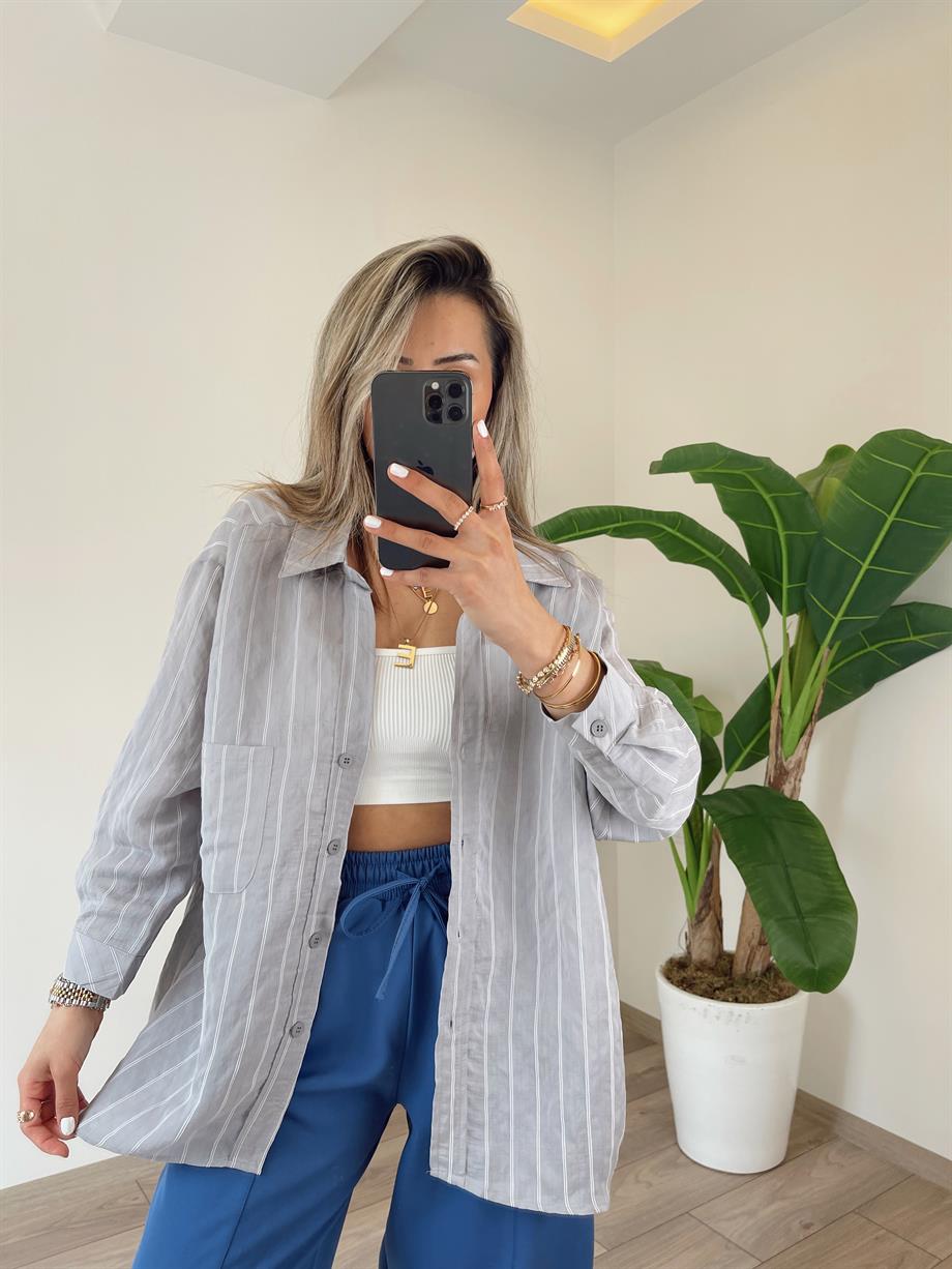 Gri Dikiş Detaylı Oversize Gömlek