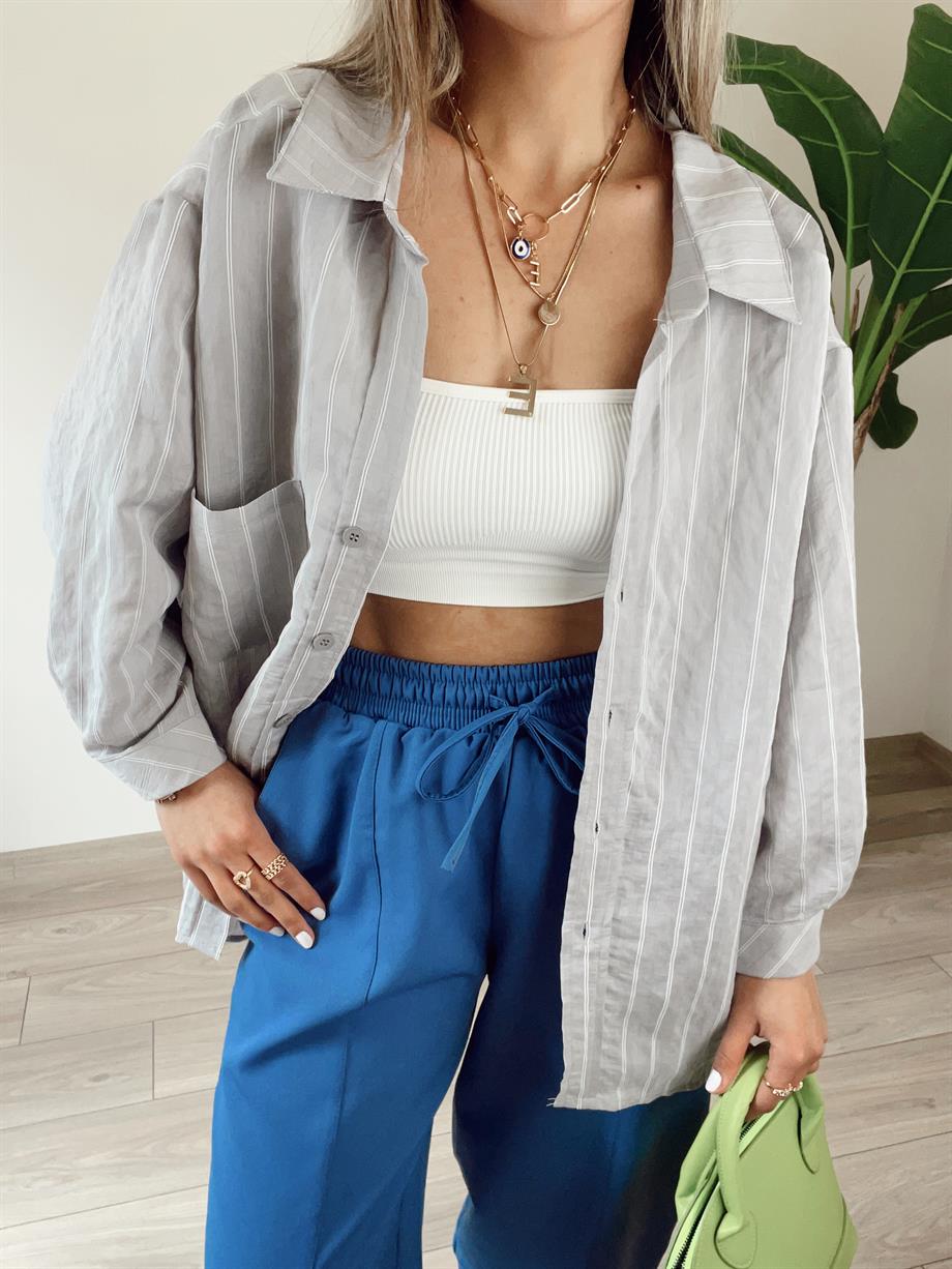 Gri Dikiş Detaylı Oversize Gömlek