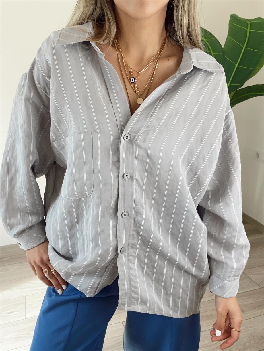 Gri Dikiş Detaylı Oversize Gömlek