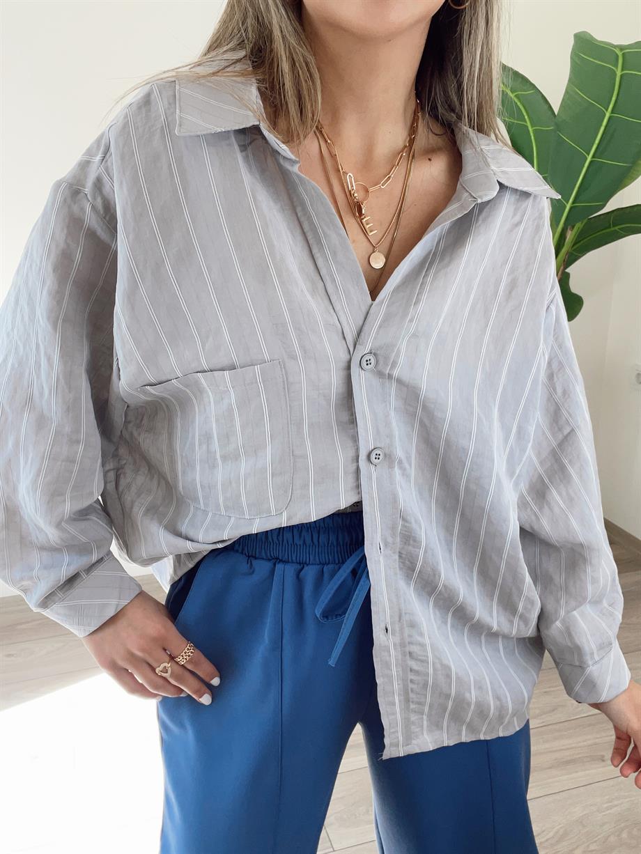 Gri Dikiş Detaylı Oversize Gömlek