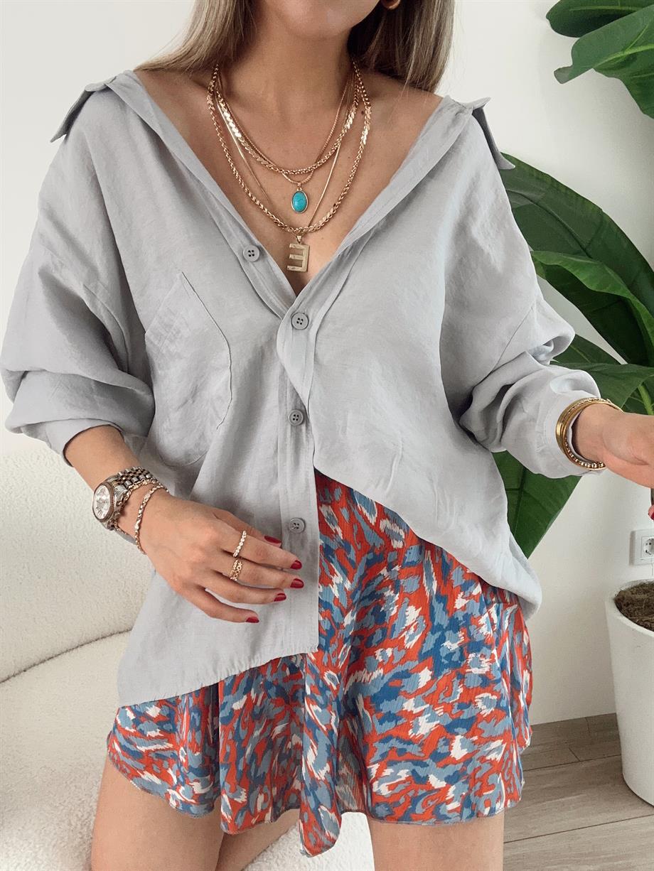 Gri Düşük Omuz Oversize Gömlek