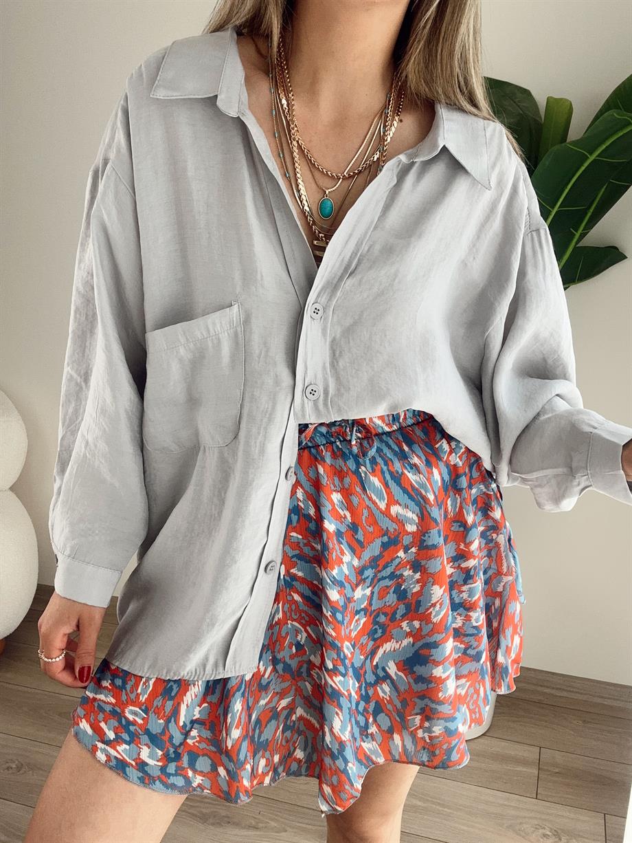 Gri Düşük Omuz Oversize Gömlek