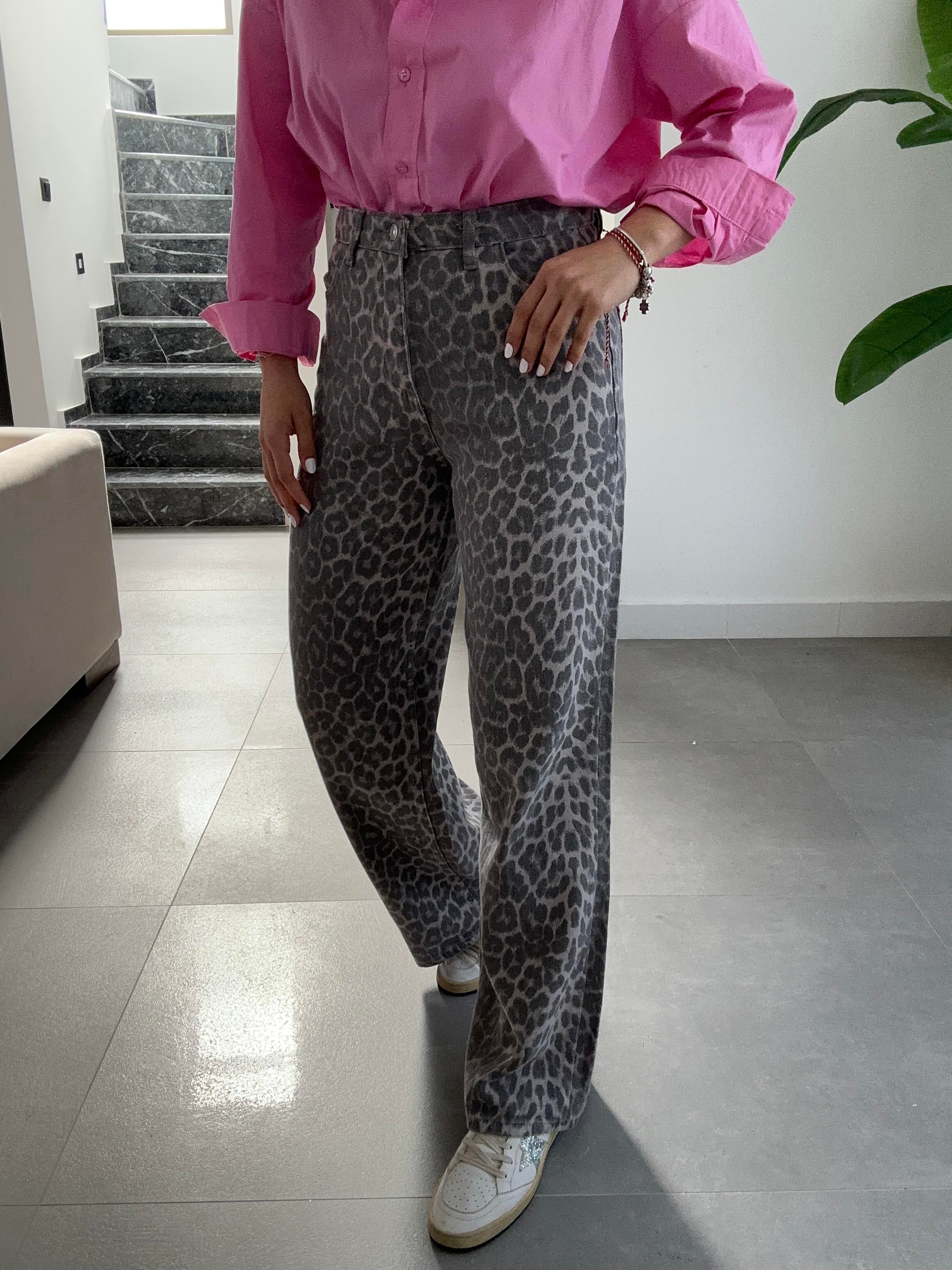 Gri Leopar Desen Gabardin Pantolon