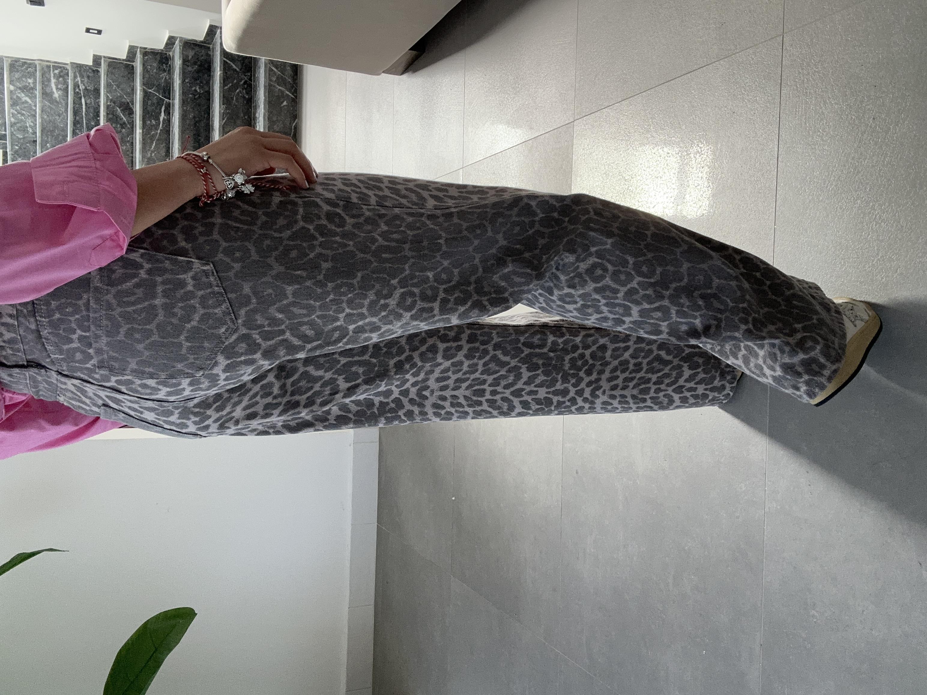 Gri Leopar Desen Gabardin Pantolon