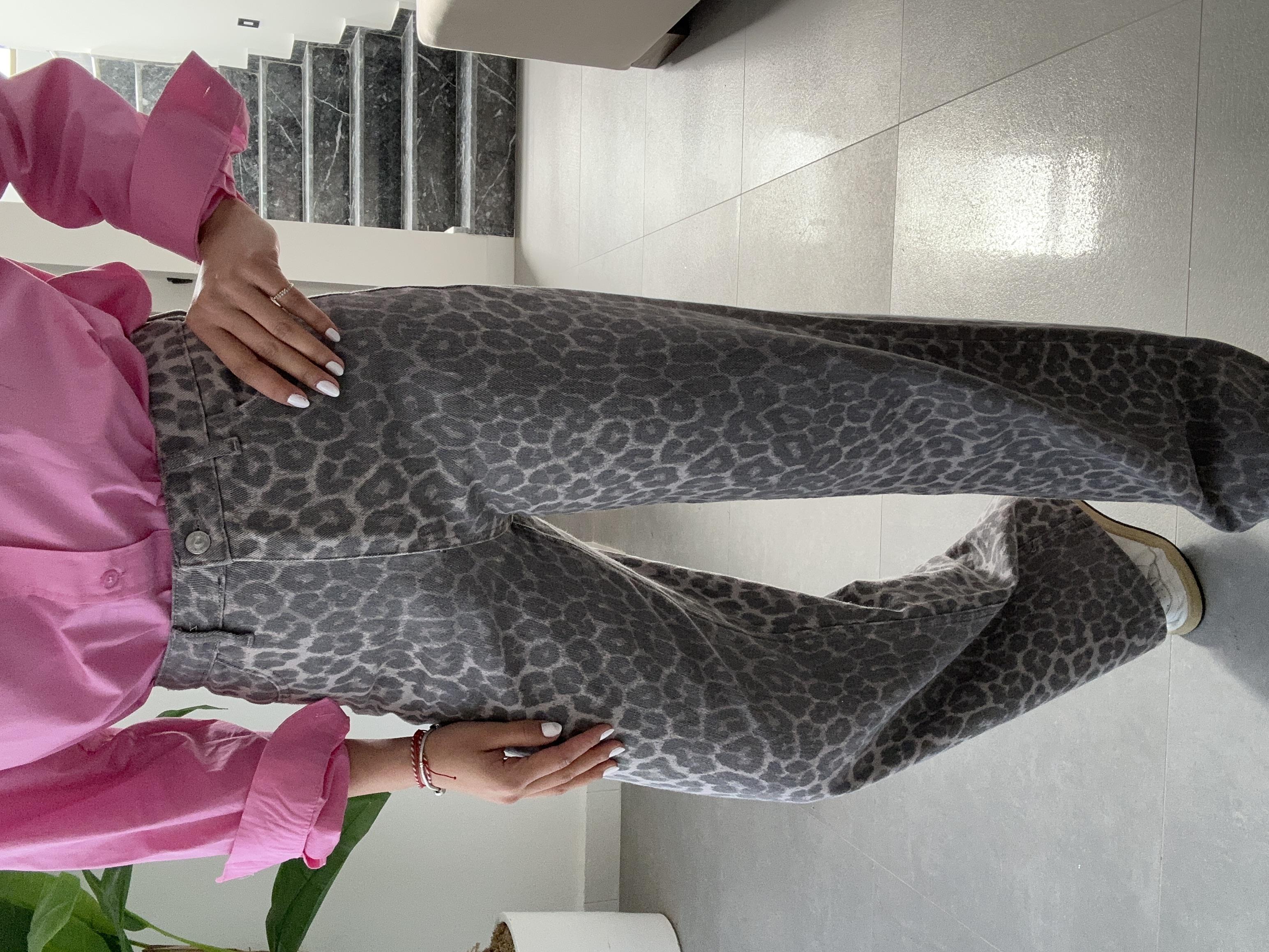 Gri Leopar Desen Gabardin Pantolon