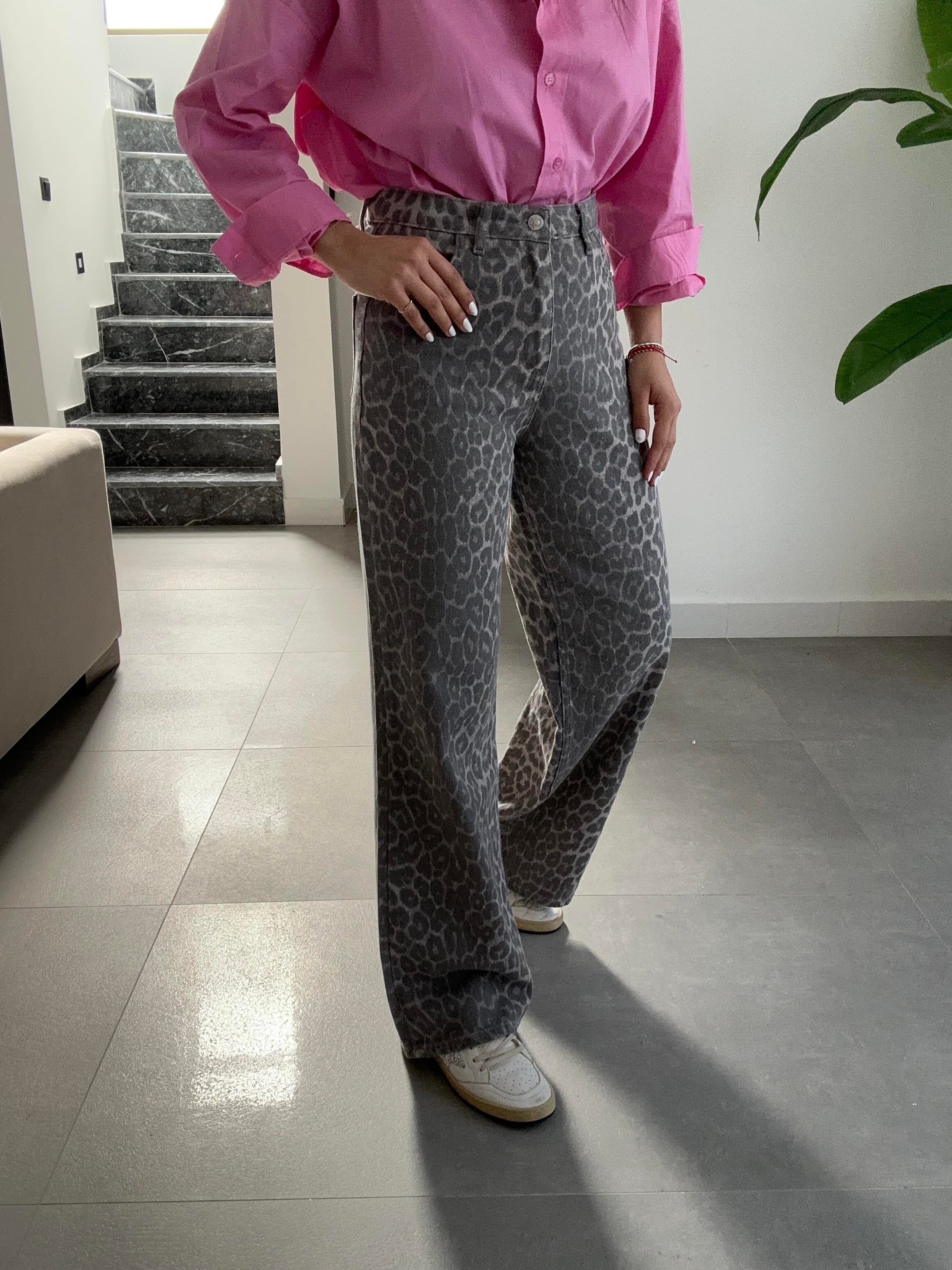 Gri Leopar Desen Gabardin Pantolon