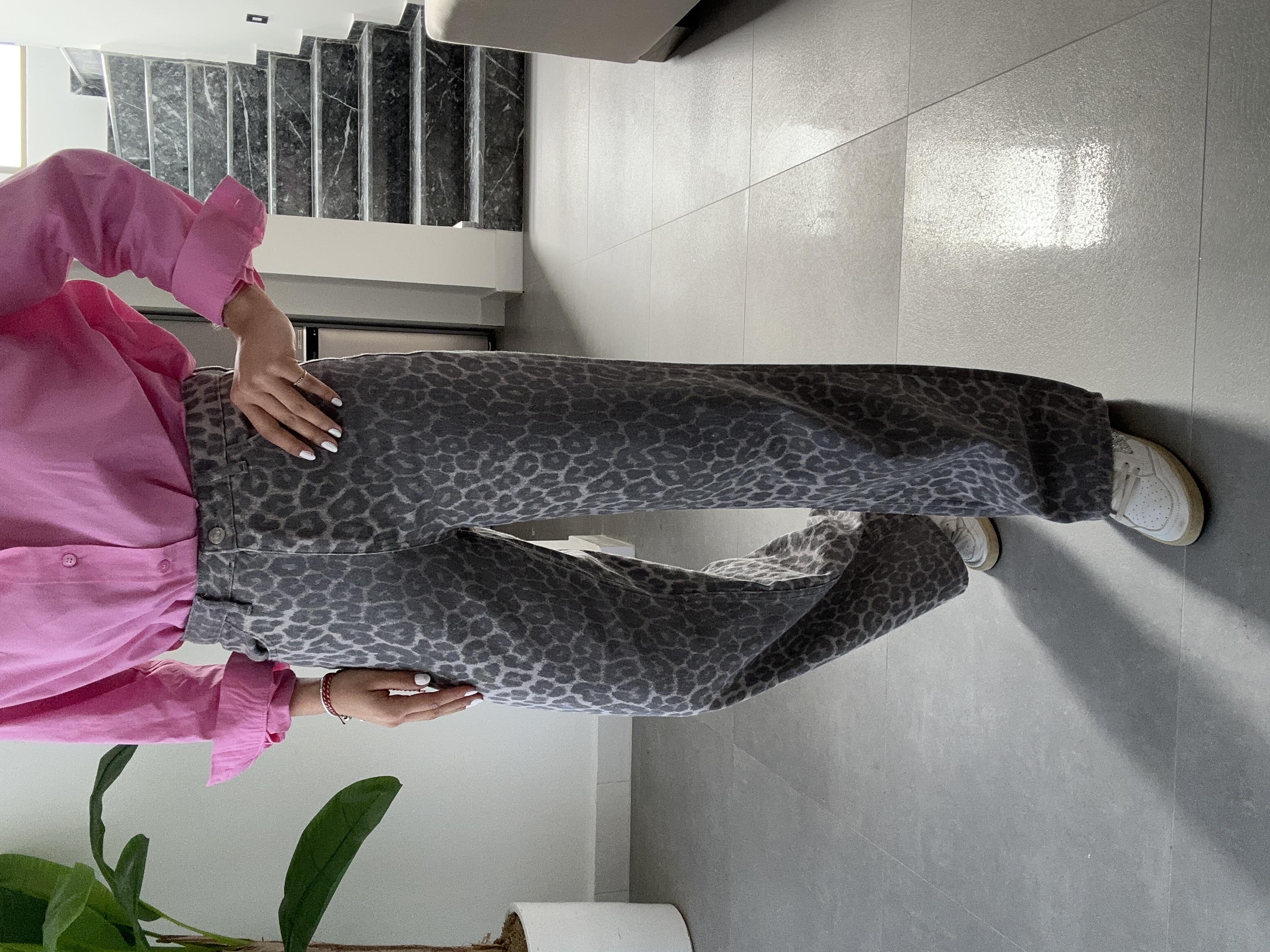 Gri Leopar Desen Gabardin Pantolon