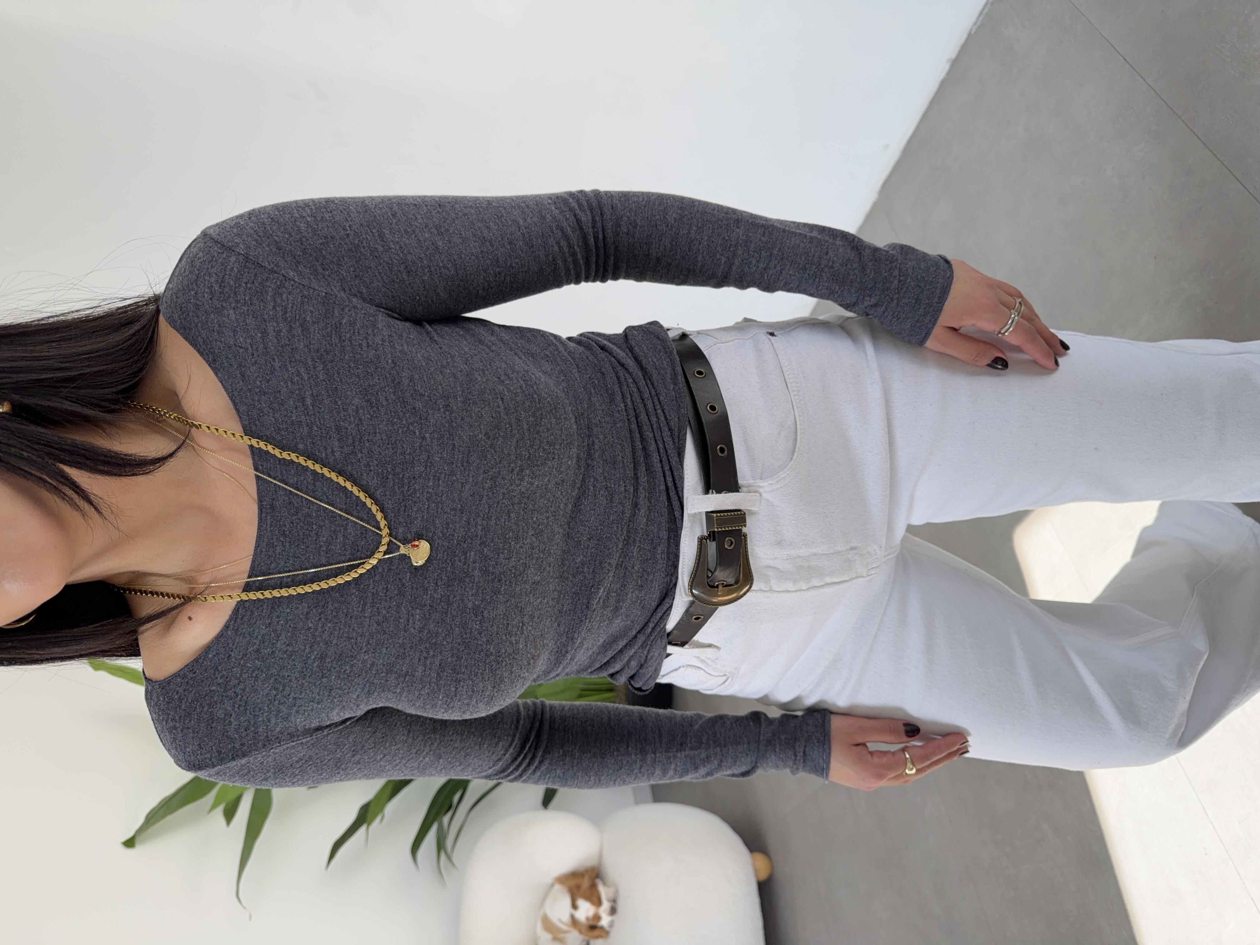 Gri Modal Kayık Yaka Bluz