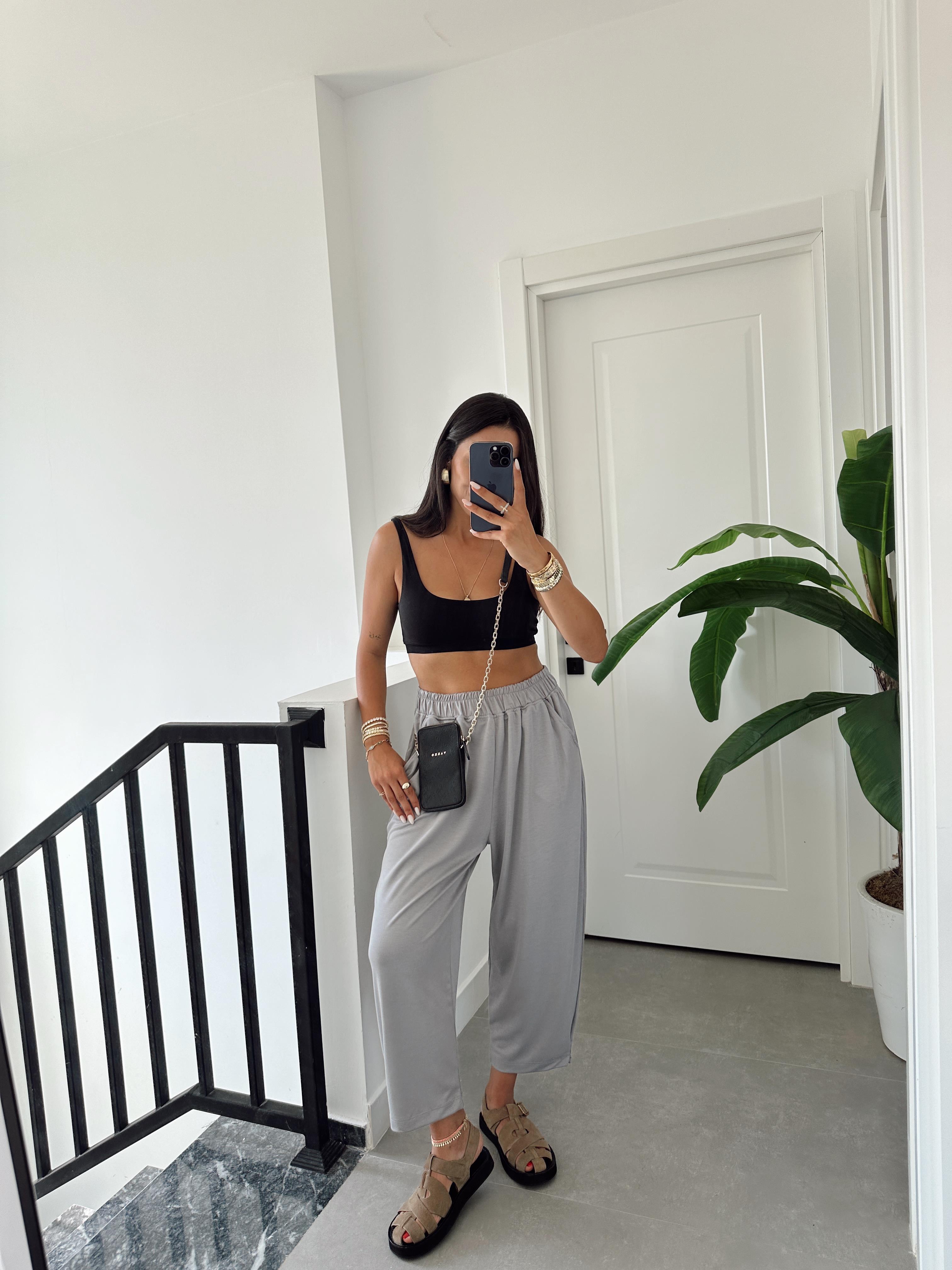 Gri Modal Paça Tutturmalı Pantolon