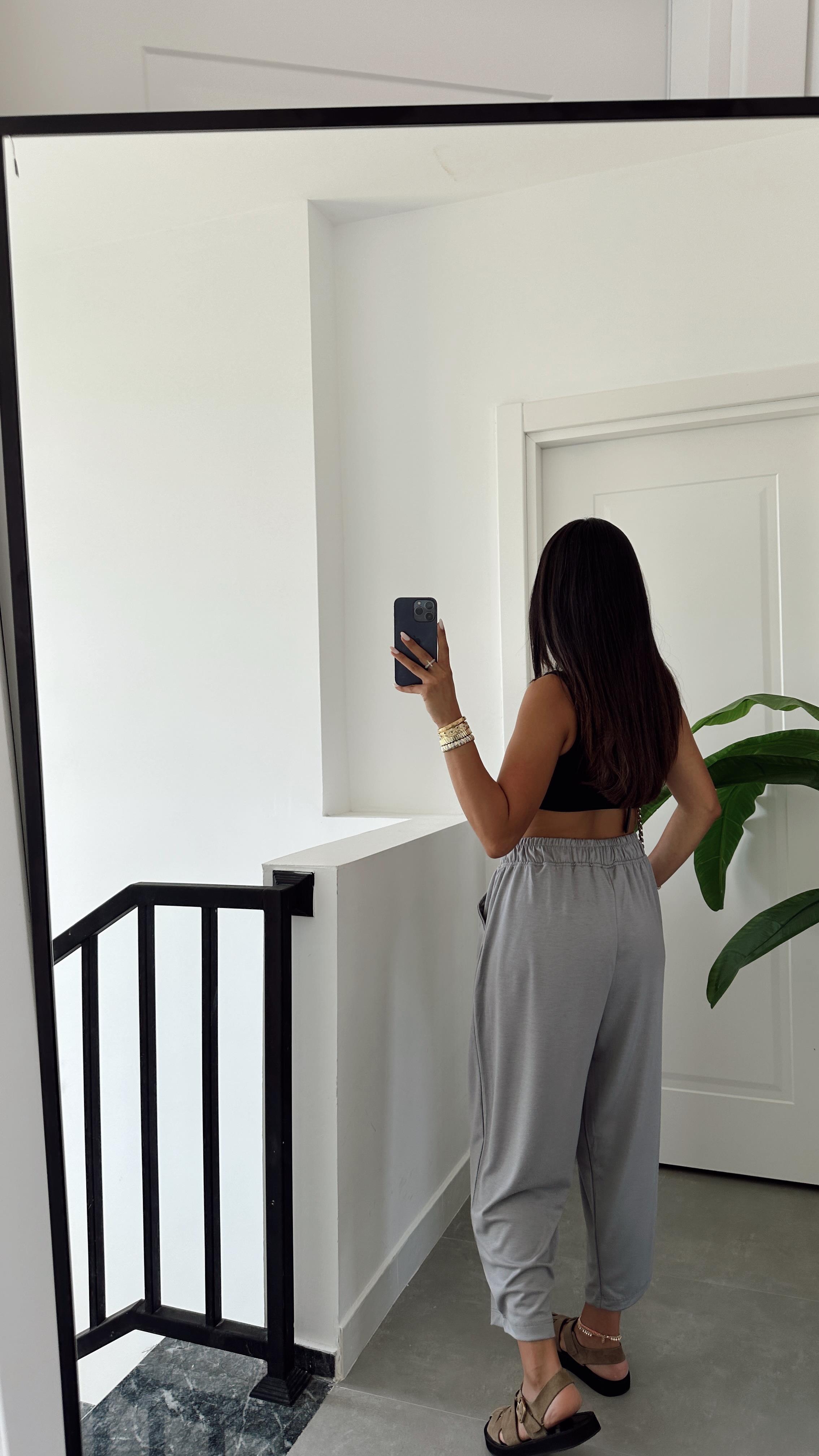 Gri Modal Paça Tutturmalı Pantolon