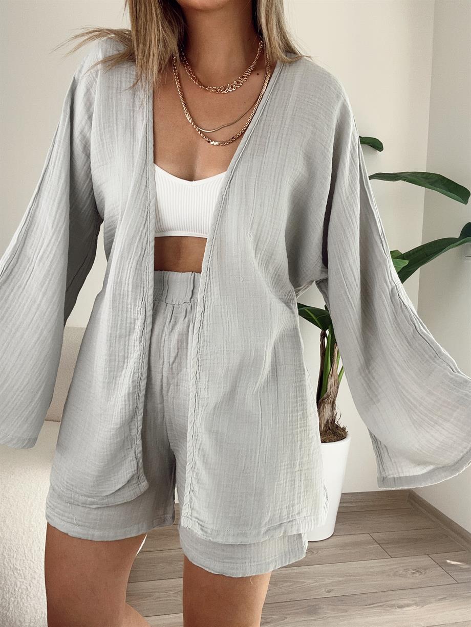 Gri Müslin Kimono-Şort Takım