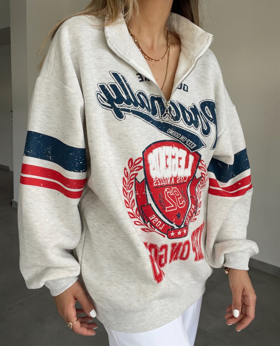 Gri Önü Fermuarlı Baskılı Sweat