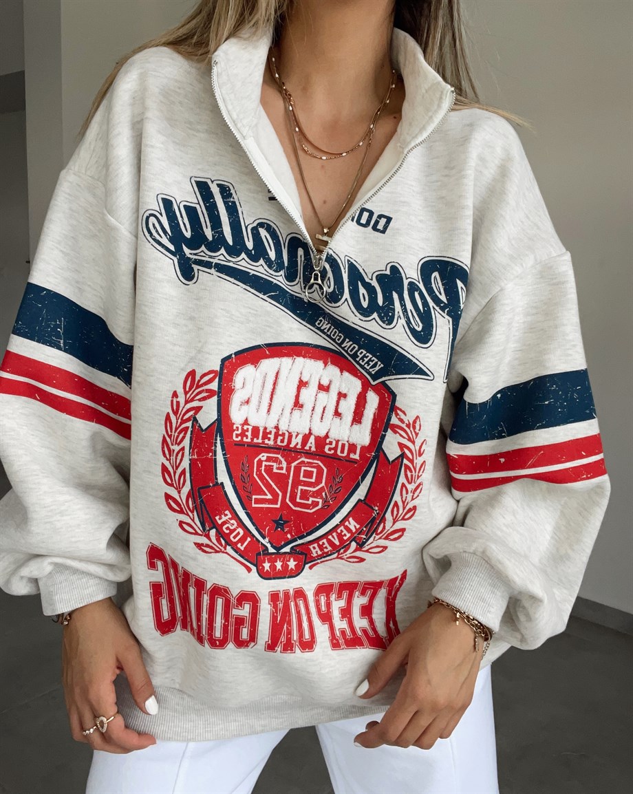 Gri Önü Fermuarlı Baskılı Sweat