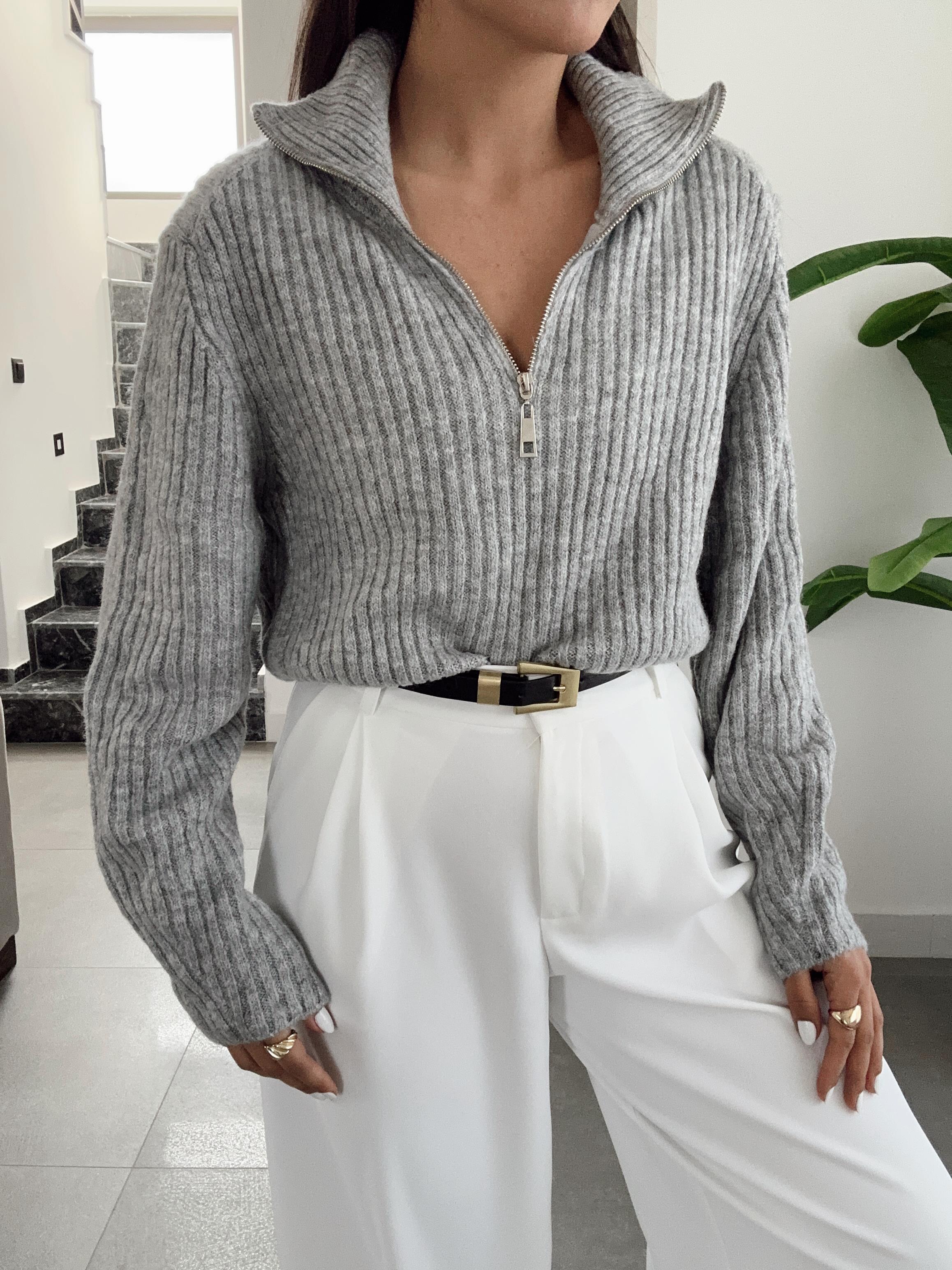 Gri Polo Yaka Fermuarlı Triko Kazak