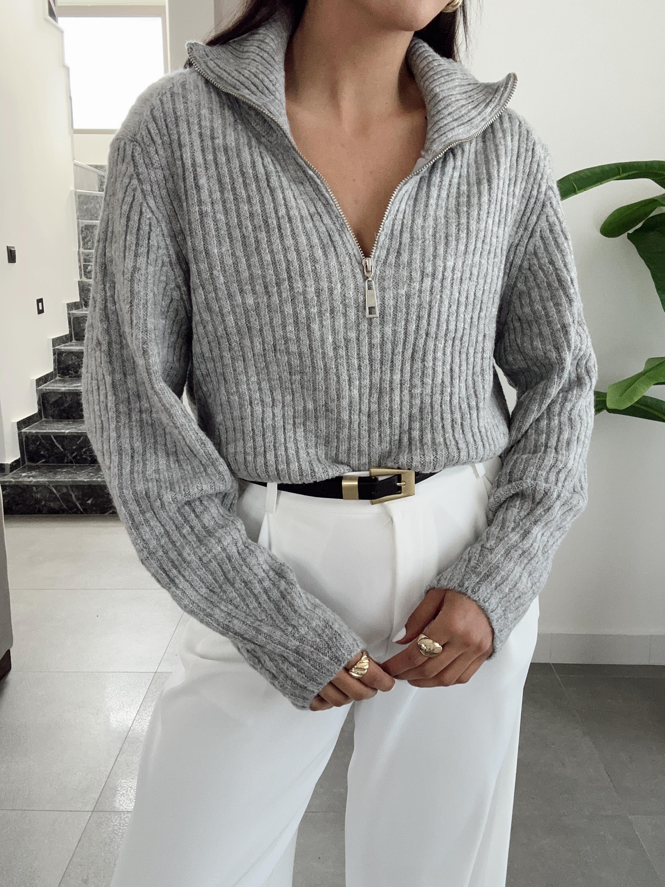 Gri Polo Yaka Fermuarlı Triko Kazak