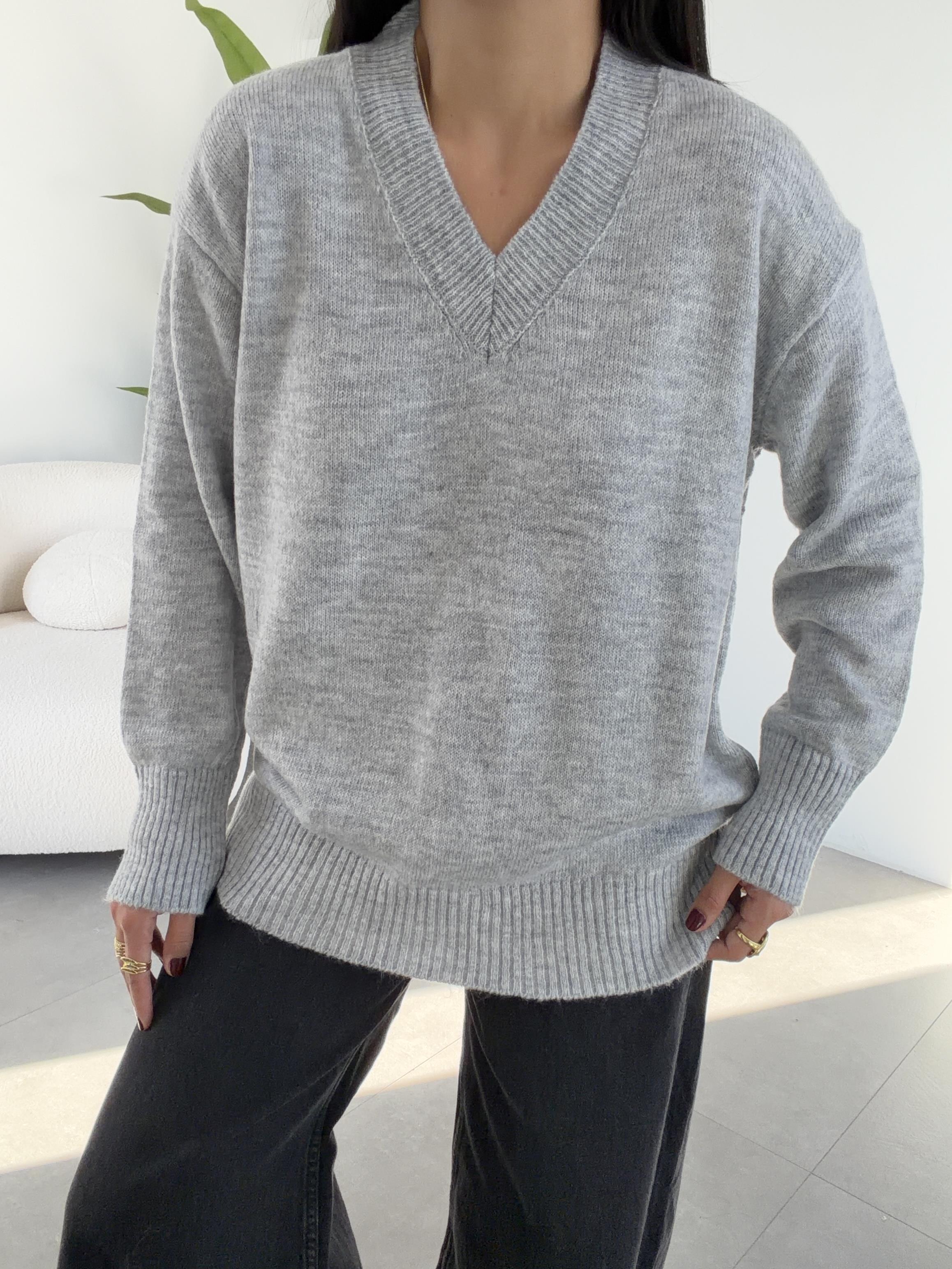 Marla Gri V Yaka Oversize Triko Kazak