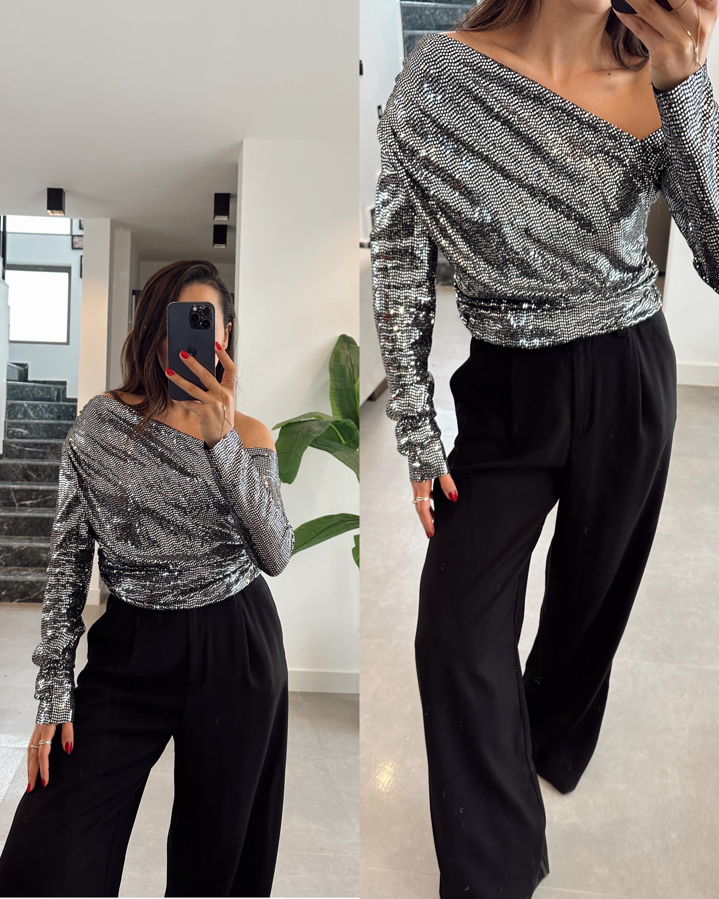 Gümüş Asimetrik Yaka Bluz