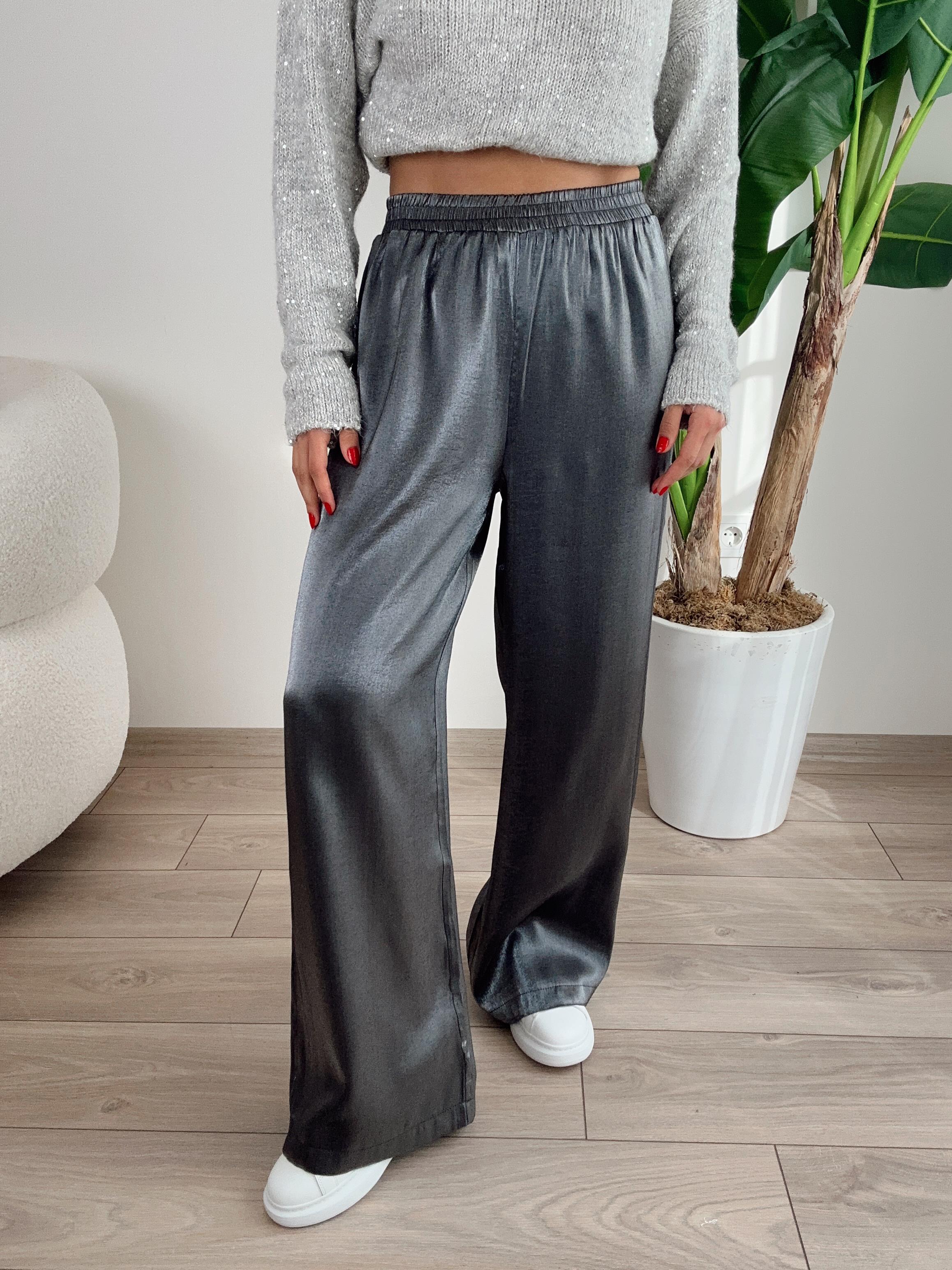 Gümüş Beli Lastikli Saten Pantolon