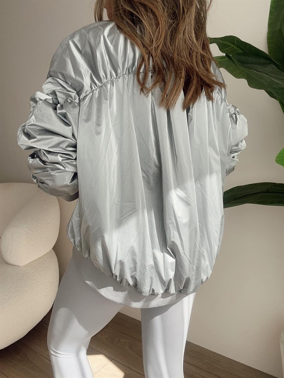 Gümüş Büzgülü Parlak Bomber Ceket