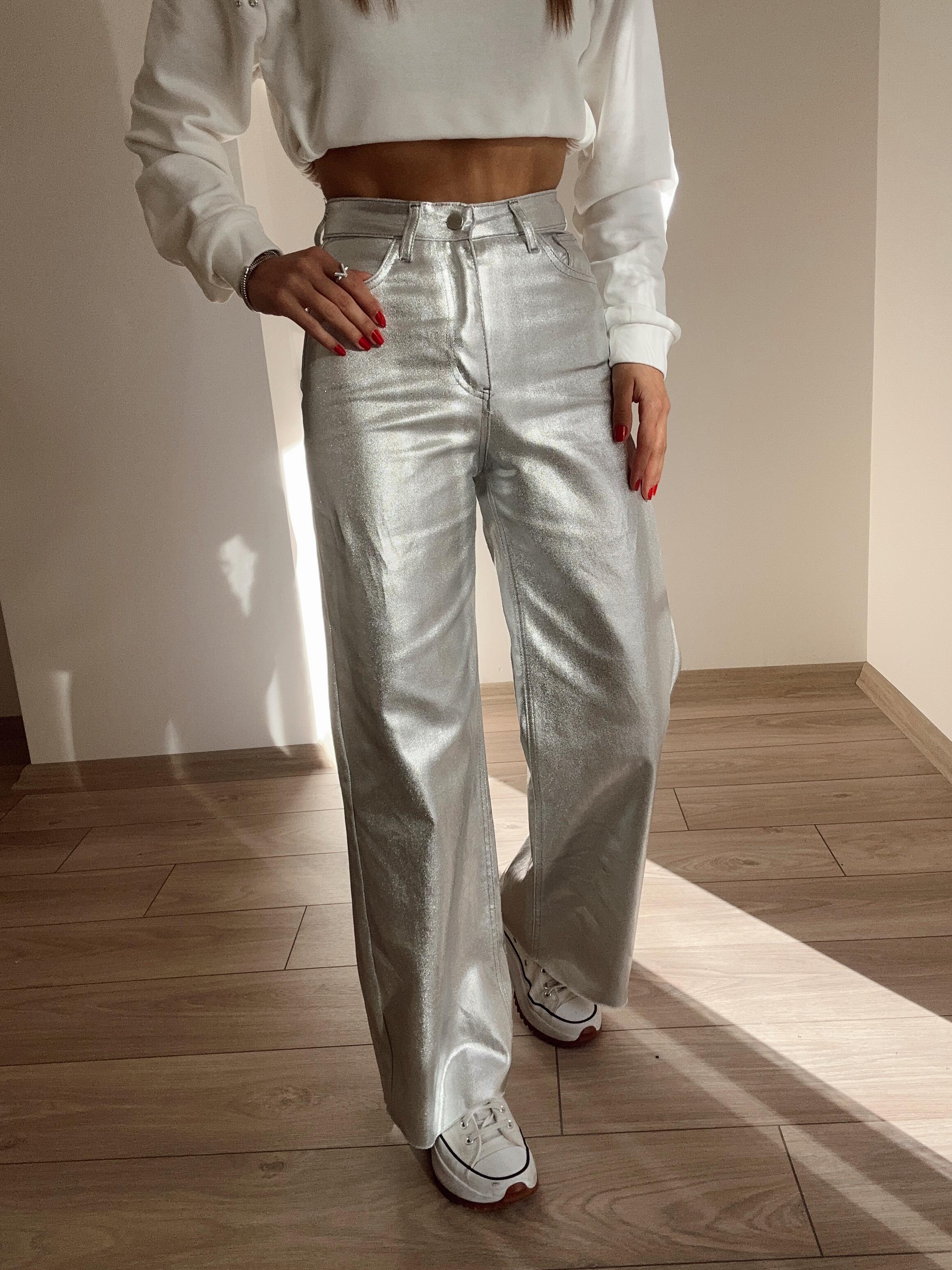 Gümüş Parlak Kumaş Palazzo Pantolon